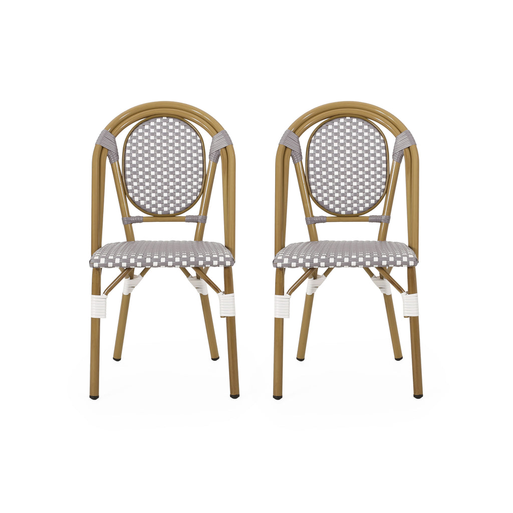French Bistro Chair Set Outdoor Cafe Style White & Gray Rattan 18.50 x 21.50 x 35.00 inches