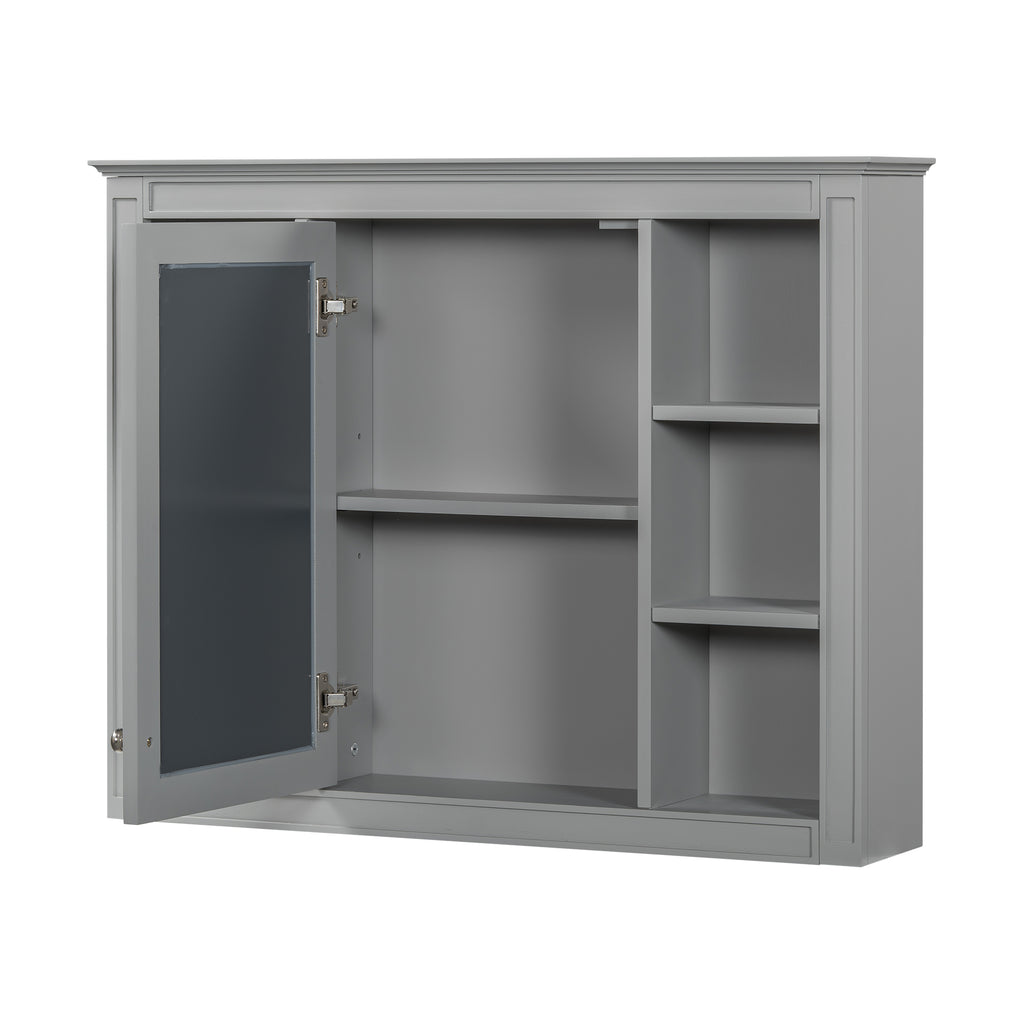 Modern Grey Wall-Mounted Medicine Cabinet with Mirror and 6 Open Shelves, MDF Construction, 35'' x 27.5''