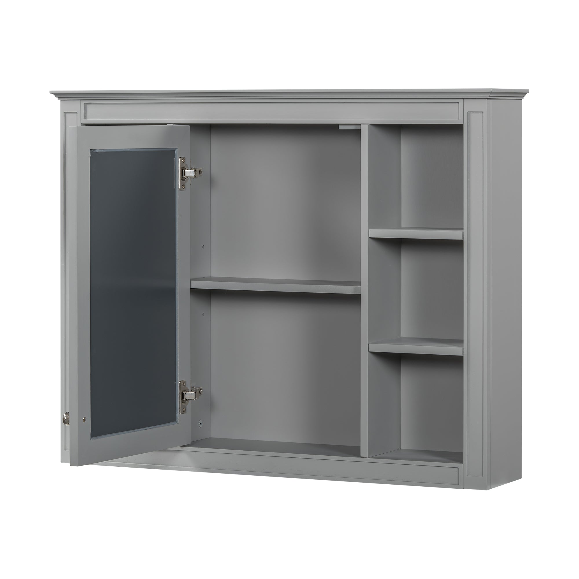 Modern Grey Wall-Mounted Medicine Cabinet with Mirror and 6 Open Shelves, MDF Construction, 35'' x 27.5''