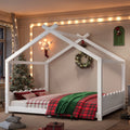 Queen House Floor Bed with Support Slats, Solid Wood House Bed Frame for Kids, No Box Spring Needed and Opening Constructure, White
