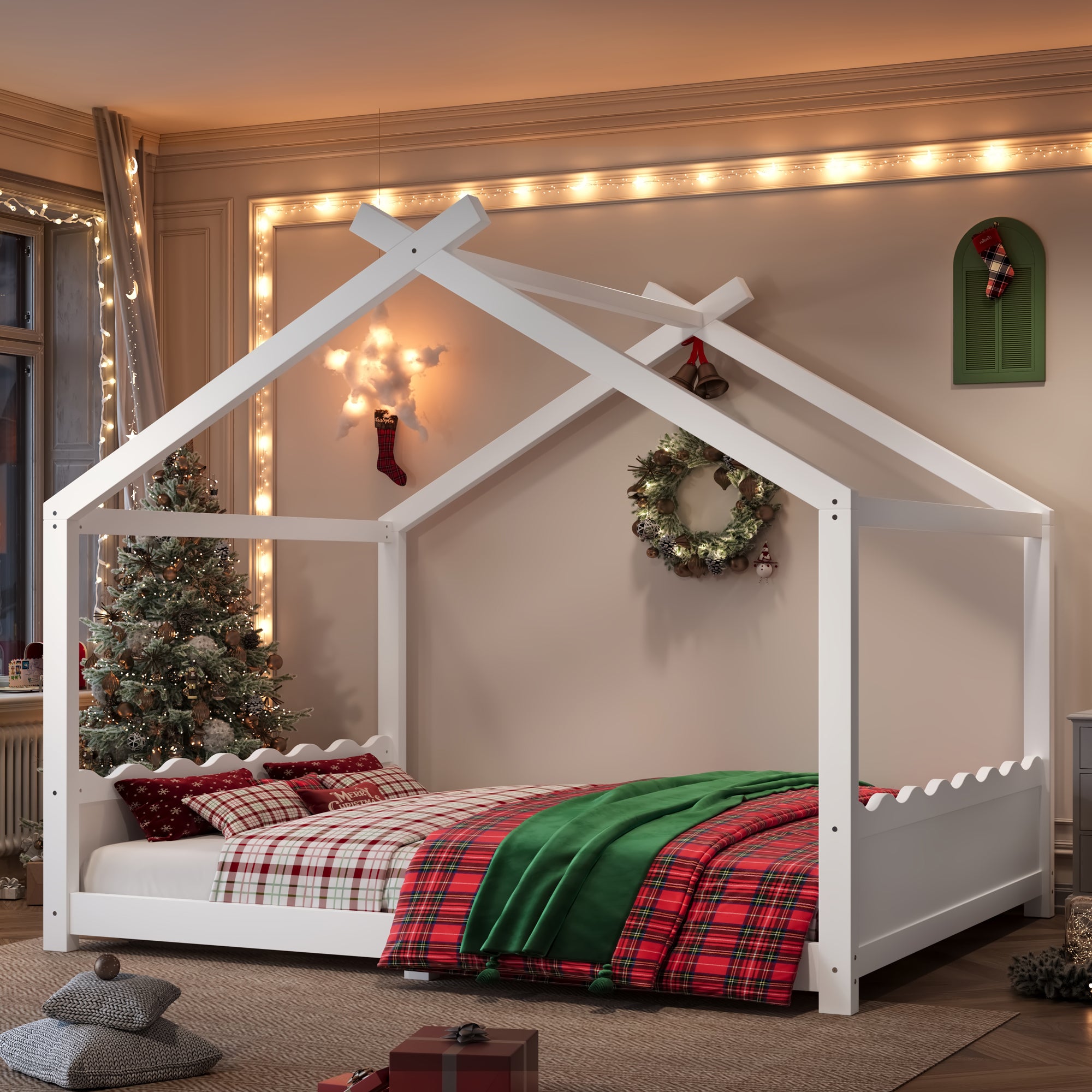 Queen House Floor Bed with Support Slats, Solid Wood House Bed Frame for Kids, No Box Spring Needed and Opening Constructure, White