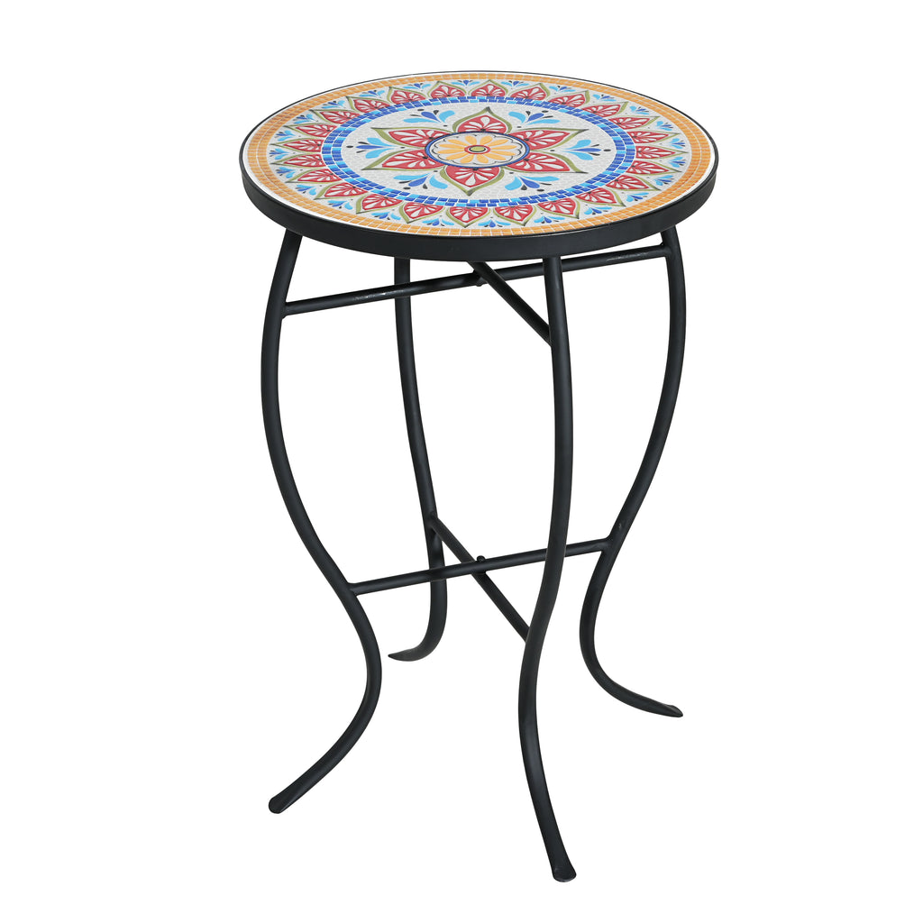 Outdoor Round Side Table with Mosaic-Style Top and Curved Iron Legs in Red and Matte Black