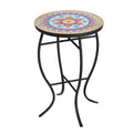 Outdoor Round Side Table with Mosaic-Style Top and Curved Iron Legs in Red and Matte Black