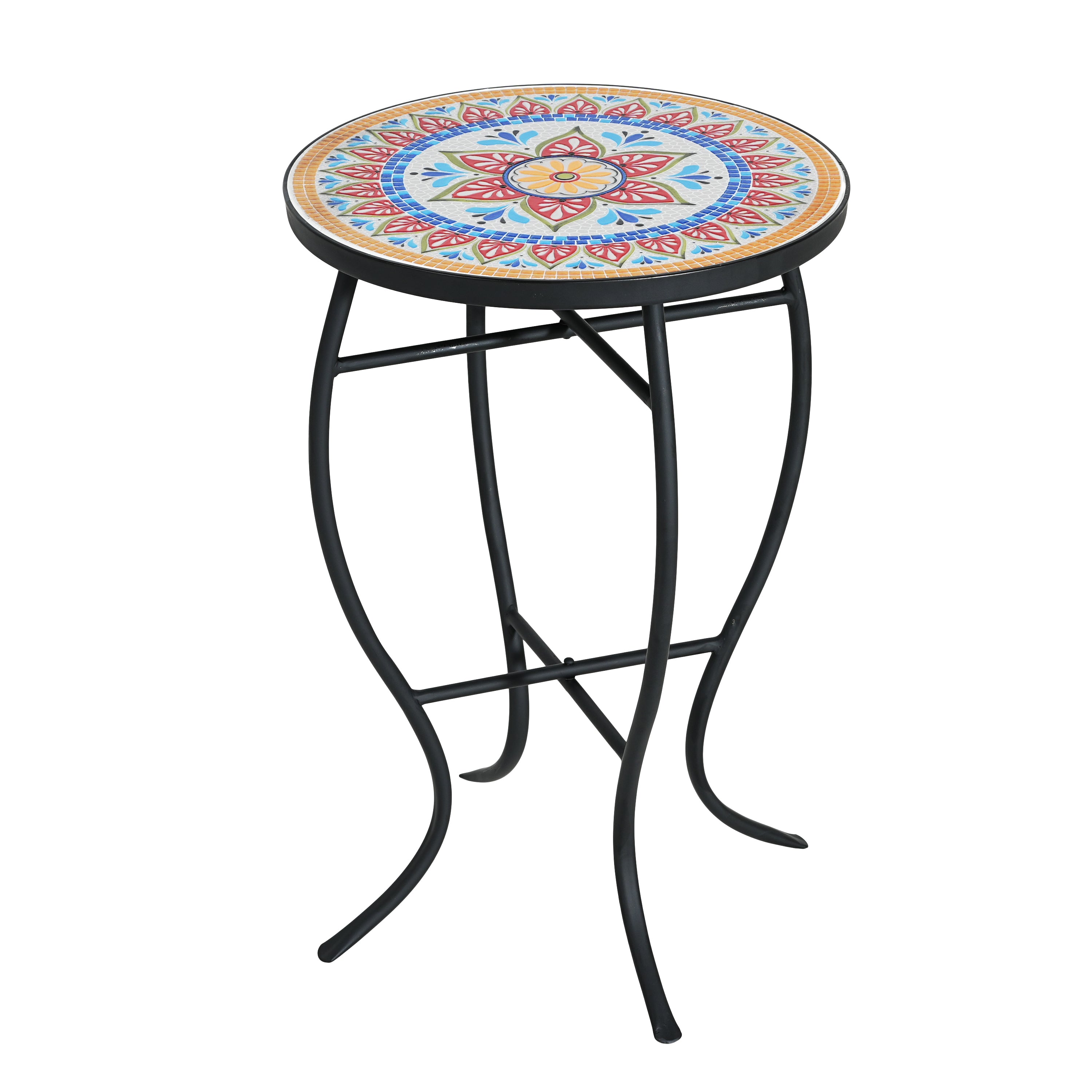 Outdoor Round Side Table with Mosaic-Style Top and Curved Iron Legs in Red and Matte Black