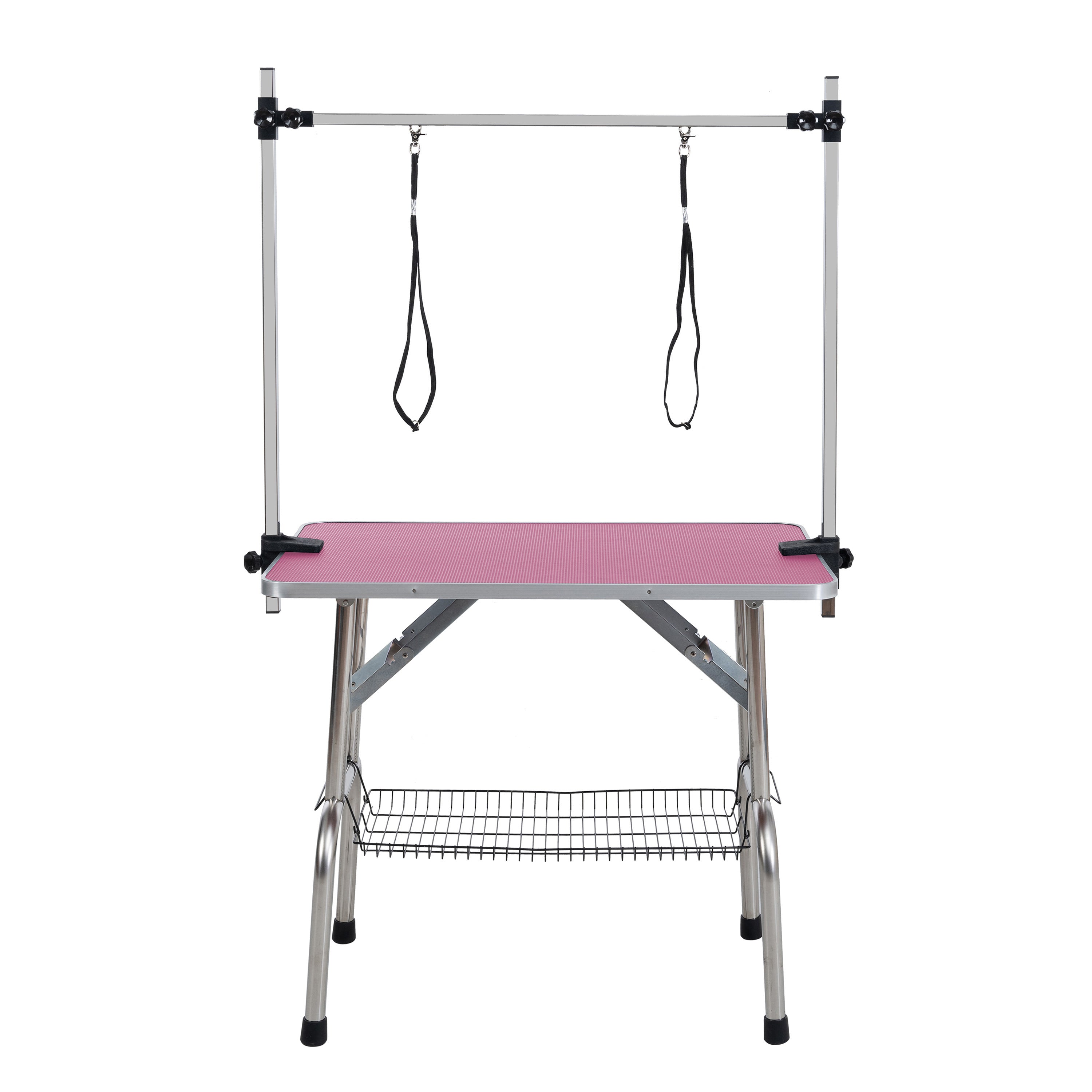 Pink Folding Pet Grooming Table with Stainless Steel Frame, Rubber Mat Board, Adjustable Arm and Clamps for Dogs and Cats
