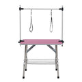 Pink Folding Pet Grooming Table with Stainless Steel Frame and Rubber Mat, Adjustable Arm and Clamps for Dogs and Cats