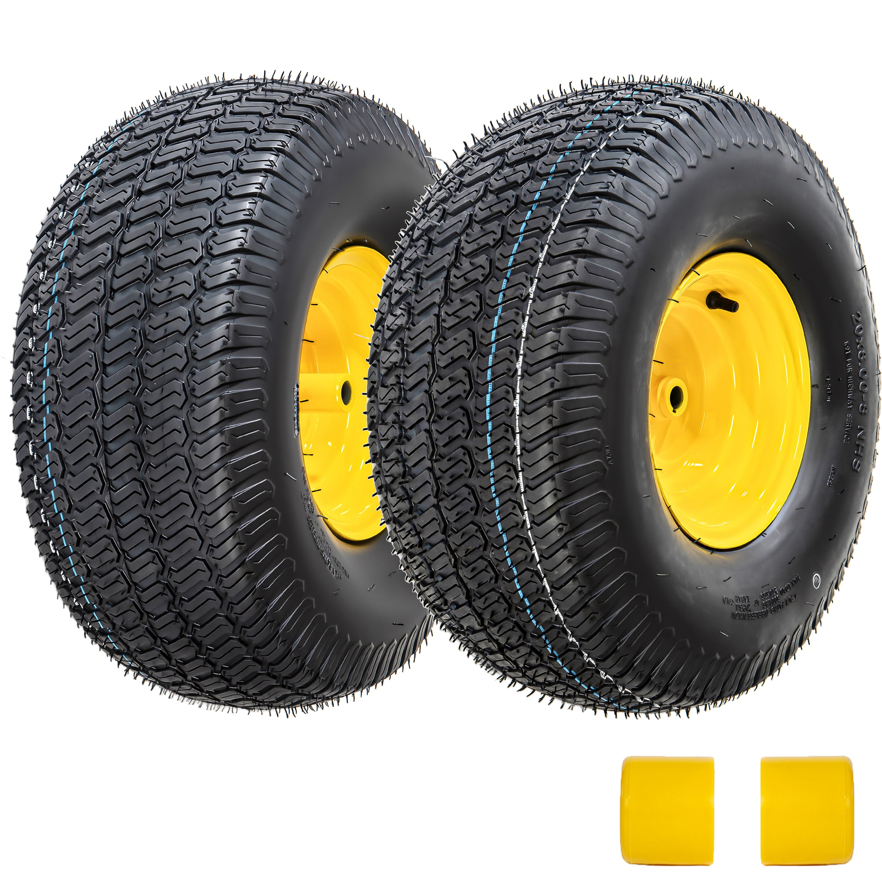 Set of 2 20x8.00-8 Lawn Mower Tires and Wheel Assembly, 4-Ply Tubeless Turf Tread Heavy Duty, 3.5' Centered Hub with 3/4' Bore and 3/16' Keyway, Yellow Steel Rim for Zero-Turn Mowers, 905 lbs Capacity