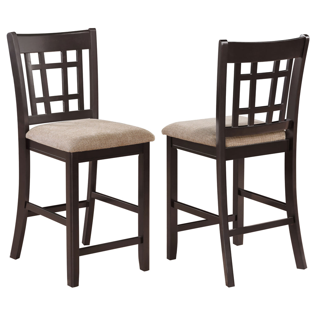 Tan and Espresso Lattice Back Counter Height Stools Set of 2 in Brown Faux Leather with Wooden Frame and Plush Seat
