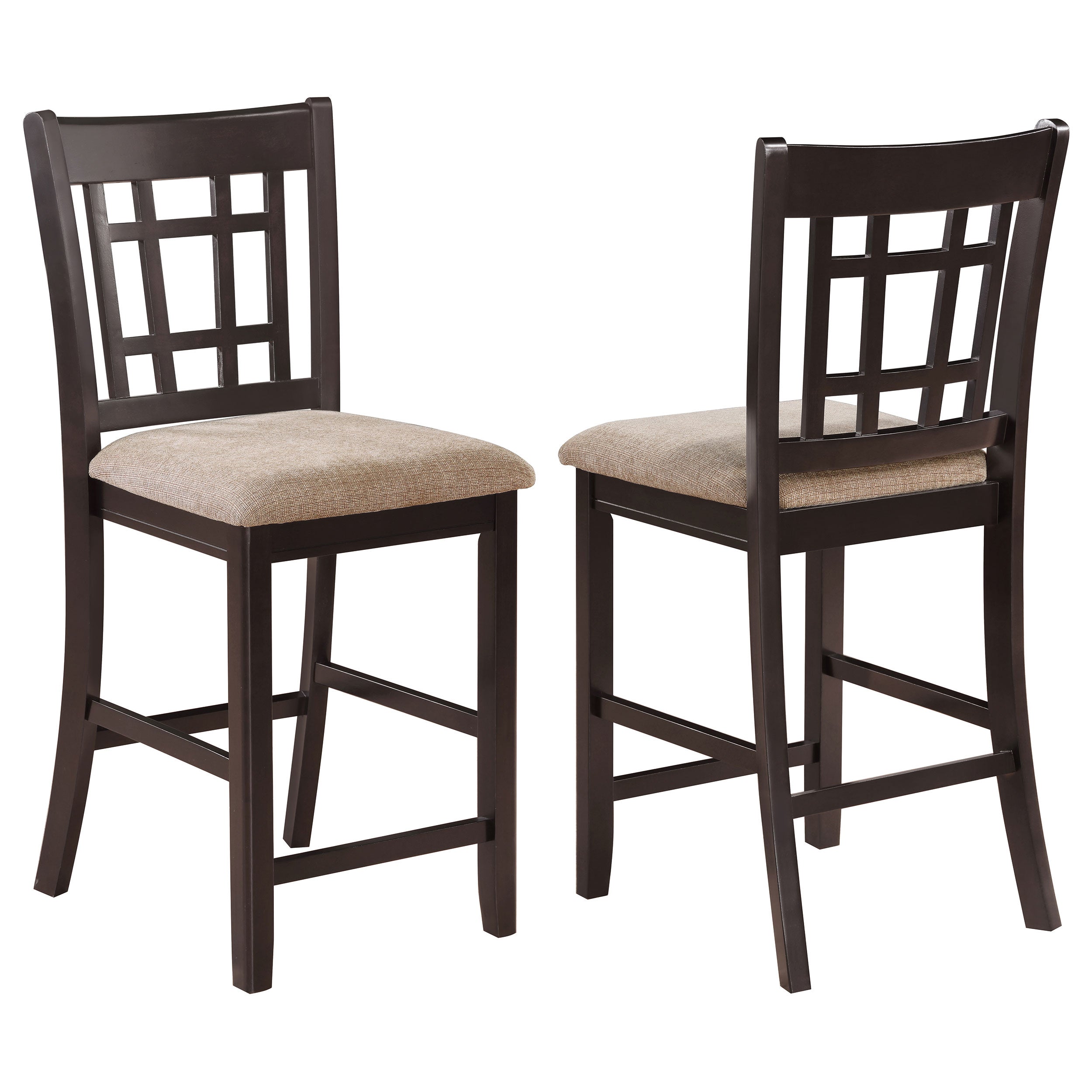 Tan and Espresso Lattice Back Counter Height Stools Set of 2 in Brown Faux Leather with Wooden Frame and Plush Seat