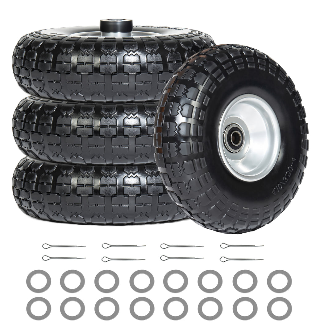 10-Inch 4.10/3.50-4 Solid Flat-Free Tire & Wheel, 5/8' Bearings, Heavy Duty for Wheelbarrows, Hand Trucks, Carts (Set of 4)