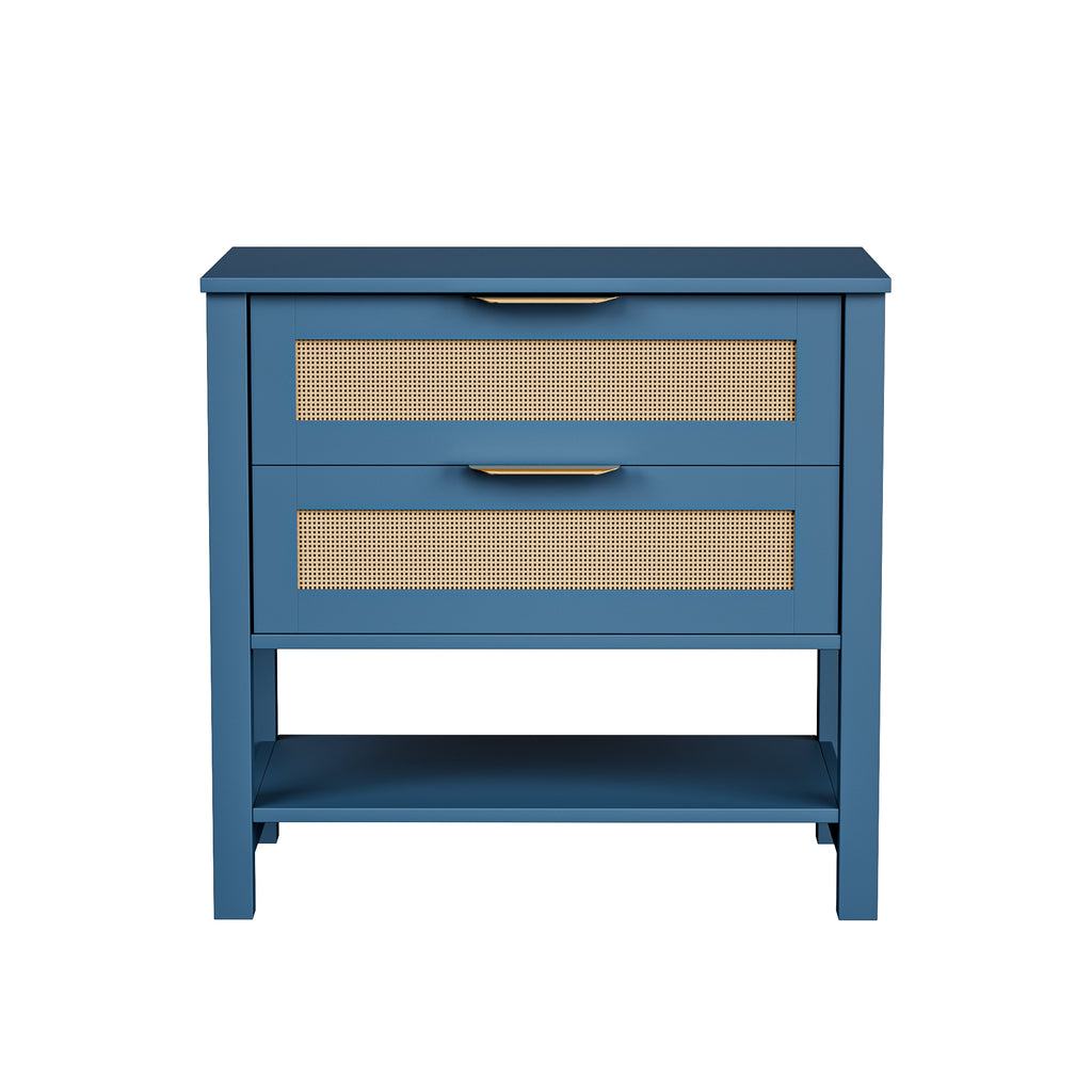 Rattan Nightstand with 2 Drawers and Storage Shelf Boho Bedside Narrow Side Table for Bedroom