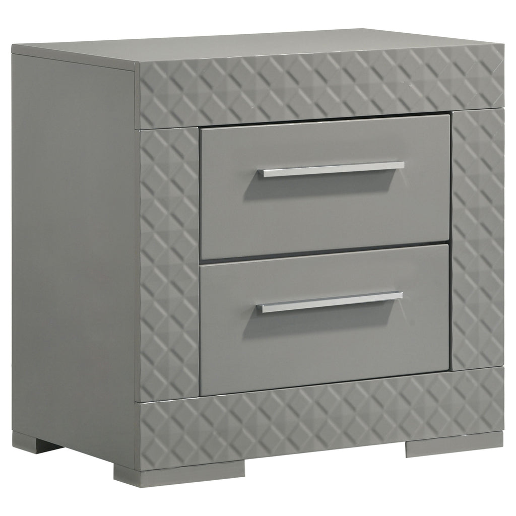 Pierce Grey High Gloss 2-Drawer Nightstand Bedside Table with Modern Italian Style, Wood Construction, Grey High Gloss Finish