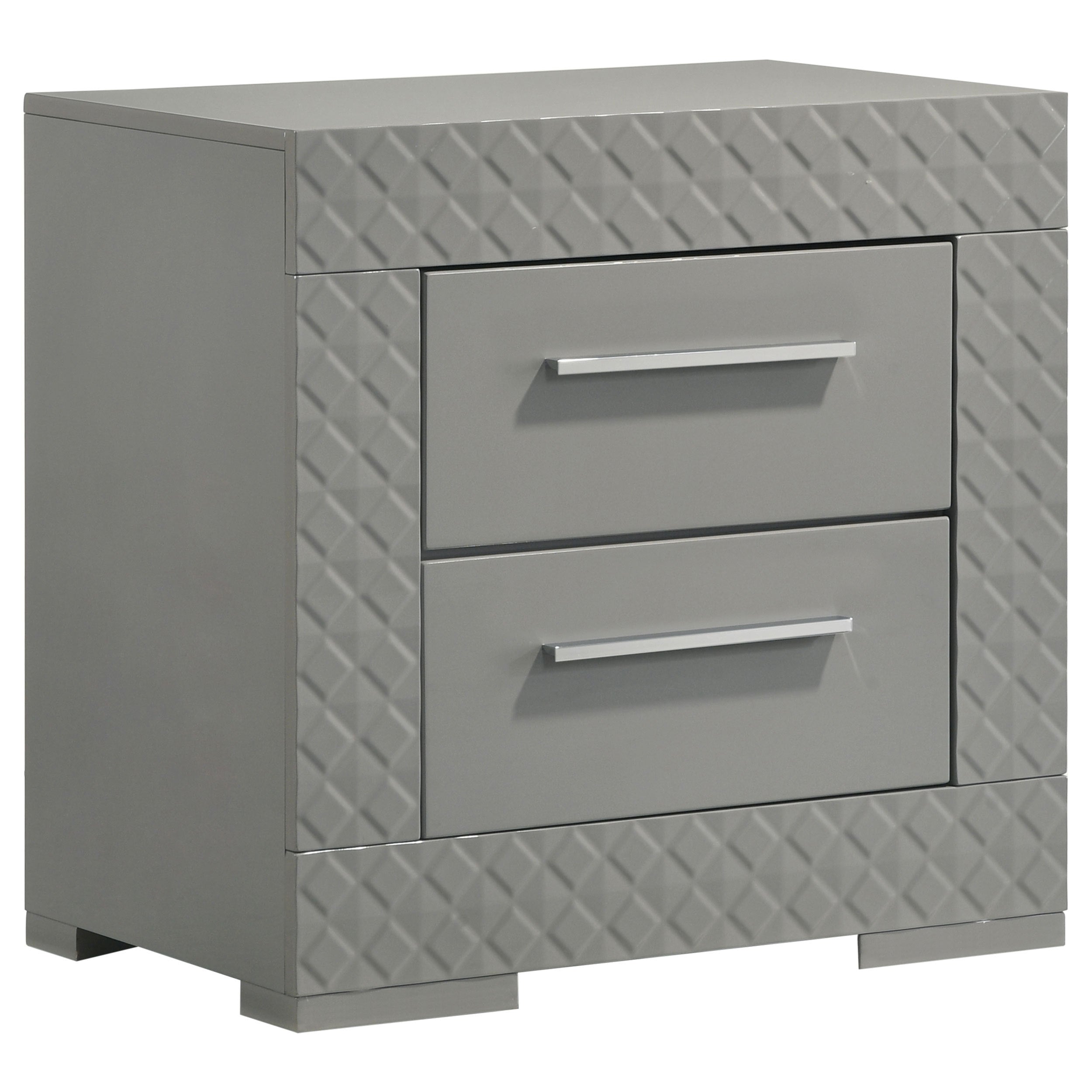 Pierce Grey High Gloss 2-Drawer Nightstand Bedside Table with Modern Italian Style, Wood Construction, Grey High Gloss Finish