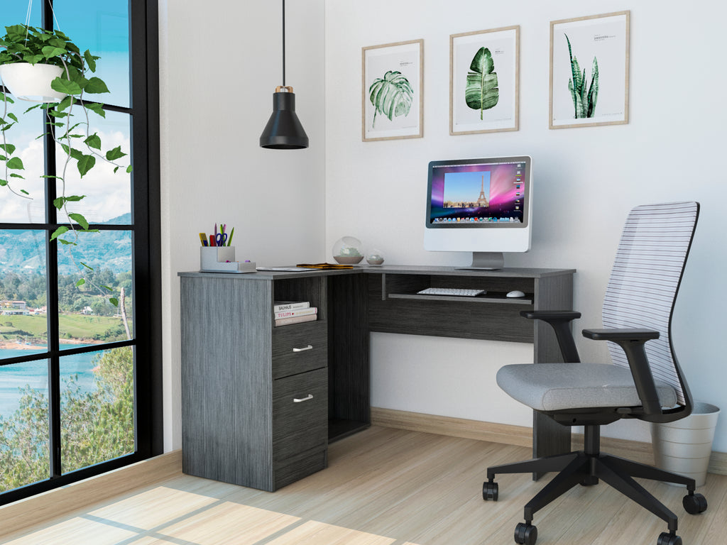 Smokey Oak 2-Drawer 1-Shelf L-Shaped Computer Desk