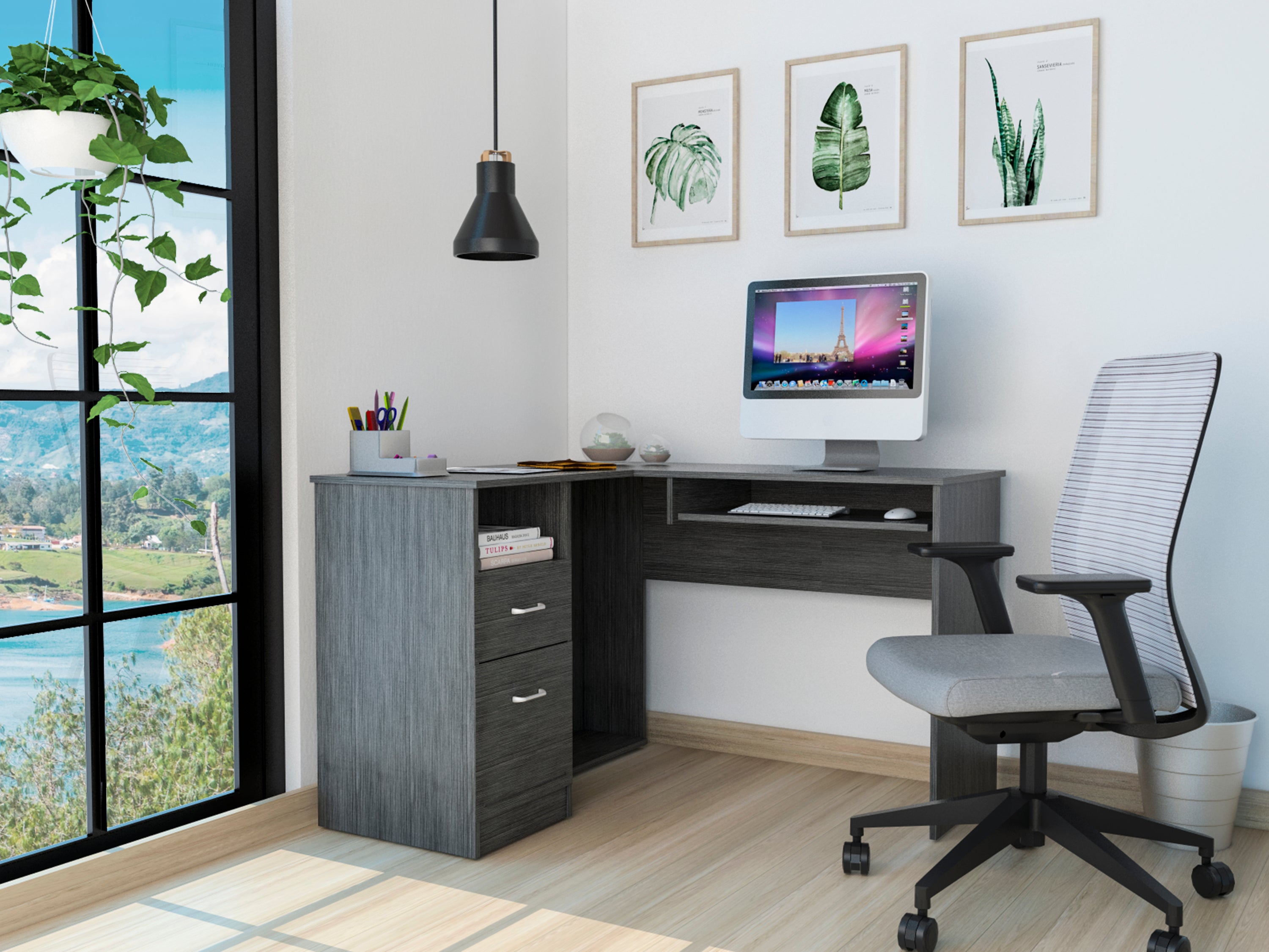 Smokey Oak 2-Drawer 1-Shelf L-Shaped Computer Desk