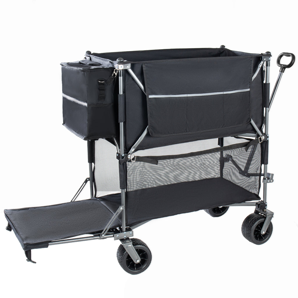 55' Heavy Duty Double-Layer Wagon with Brakes,560LBS Double Decker Wagon, 650L Collapsible Wagons Carts with 7''x4''All-Terrain Wheels for Sports,Camping,Fishing,Transport, Black