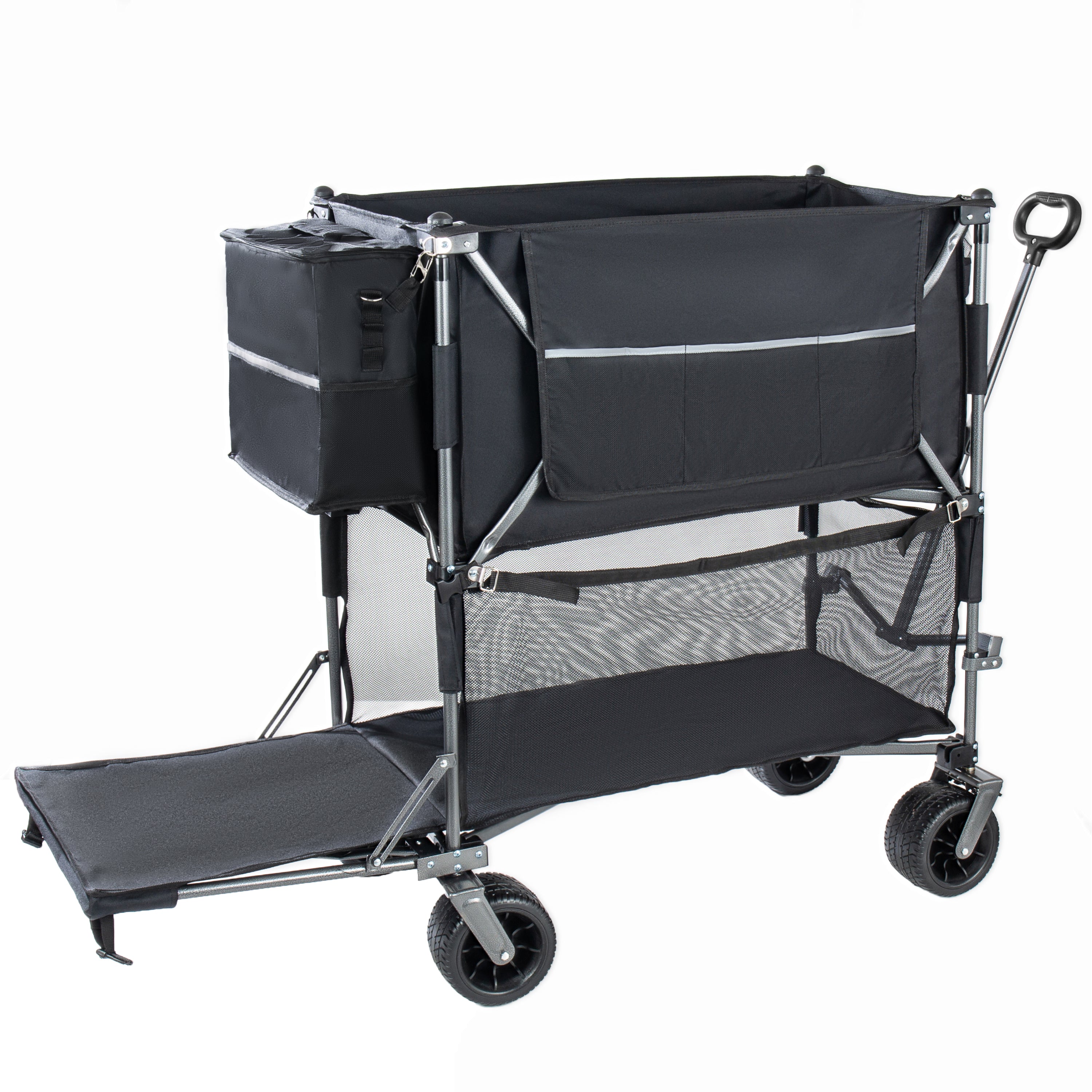 55' Heavy Duty Double-Layer Wagon with Brakes,560LBS Double Decker Wagon, 650L Collapsible Wagons Carts with 7''x4''All-Terrain Wheels for Sports,Camping,Fishing,Transport, Black