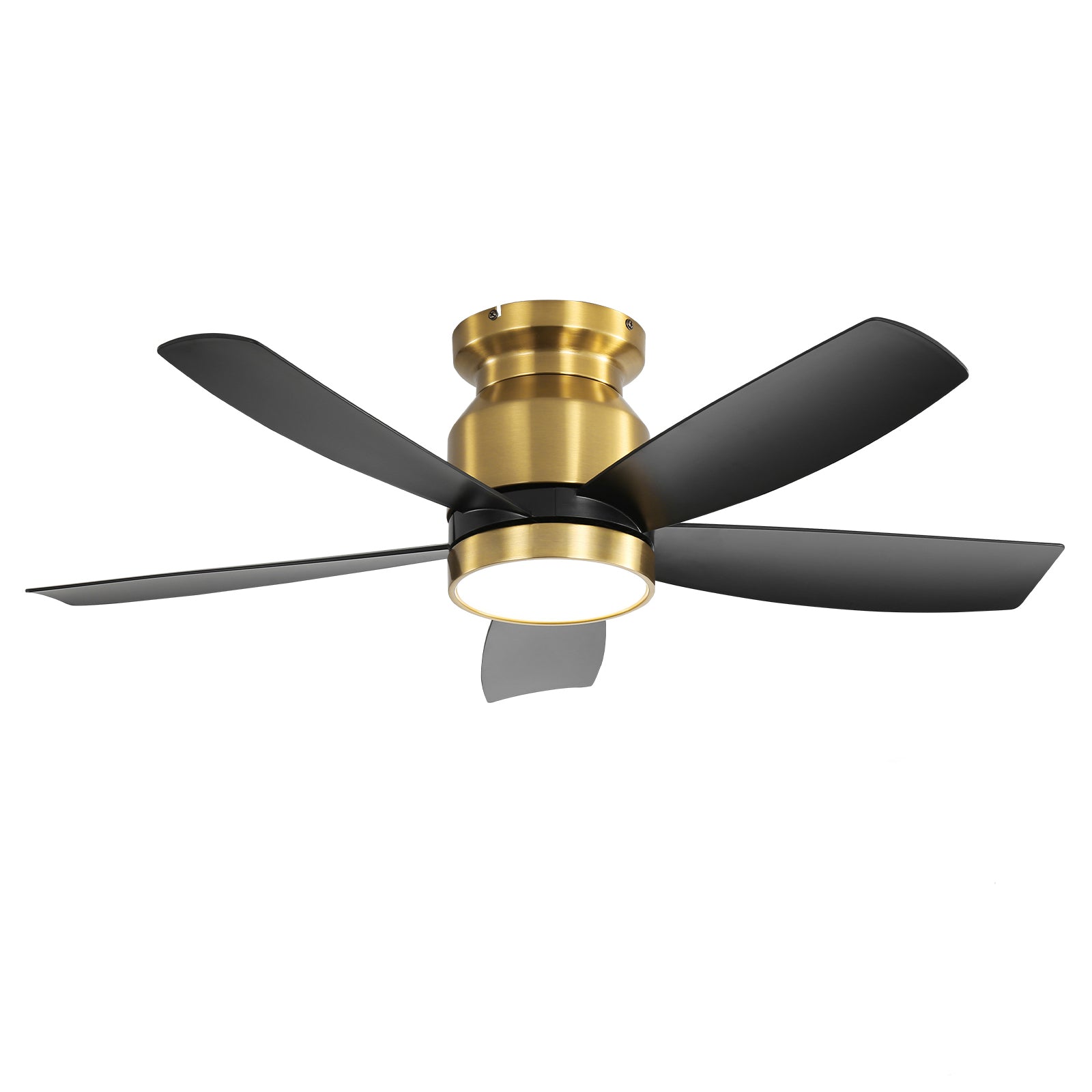 42 Inch Flush Mount Ceiling Fan with LED Light 22W and Remote Control in Black Blades/Gold Body, ABS Blades, DC Motor for Indoor Use