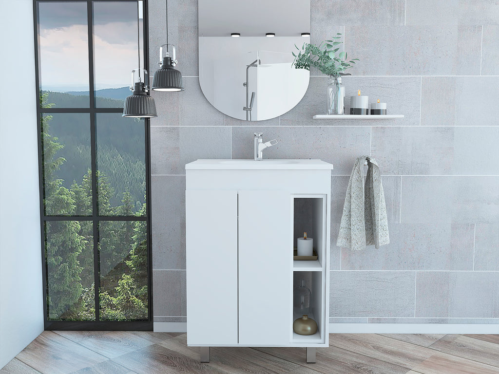 24' Meka Vanity, Two External Shelves, Double Door Cabinet -White