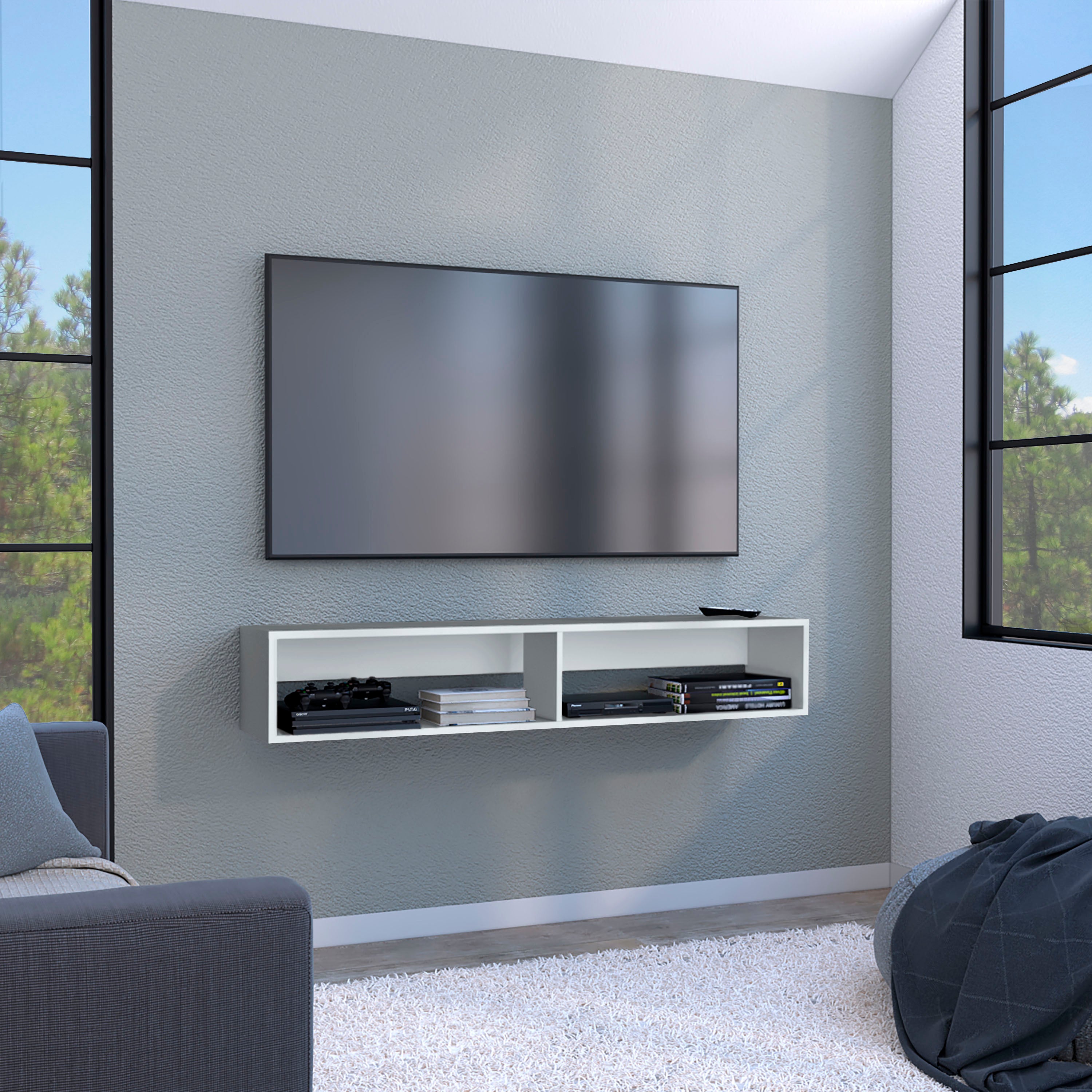 Warrior 59' Floating Tv Stand with Two open shelves, media compartments and cable management White