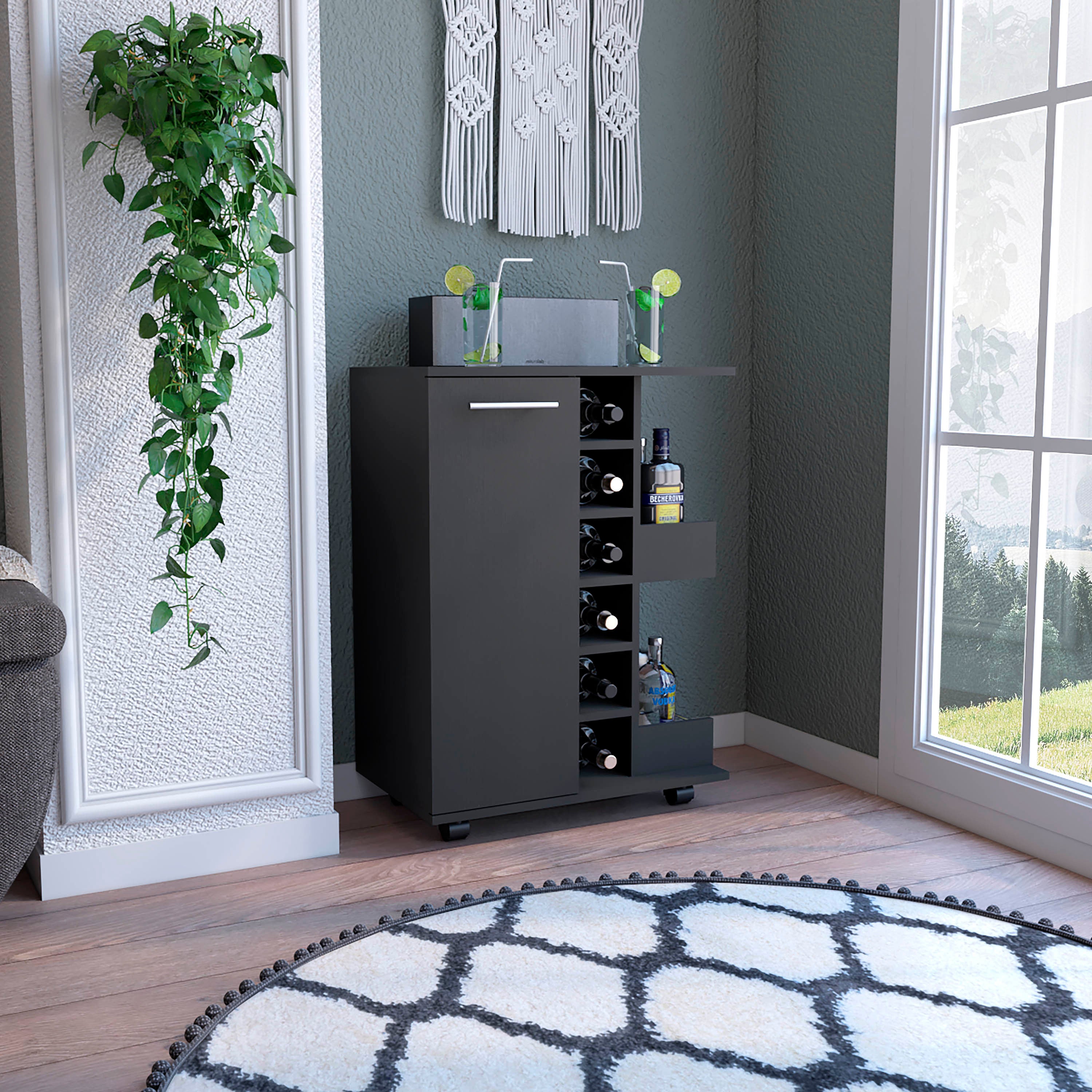 Bar Cart, Two External Shelves, Four Casters, Six Built-in Wine Rack, Single Door Cabinet -Black