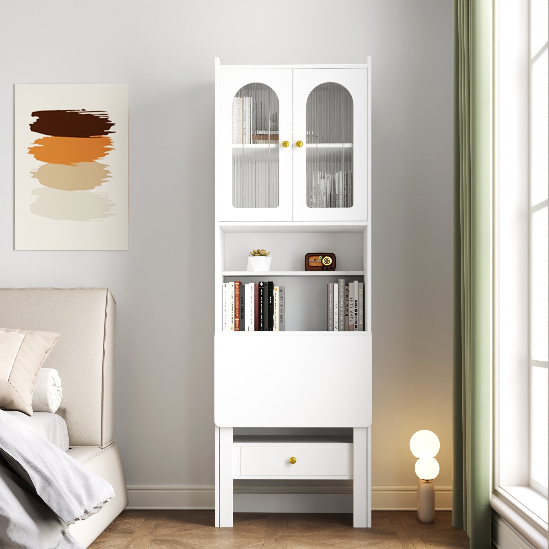 Fold-Out Convertible Writing Table,  Desk Cabinet with shelf and drawer Multi-Function Home Office Workstation