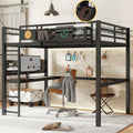 Full Size Loft Bed Frame with desk, storage basket,Metal Loft Bed with clock,and charging port,Black