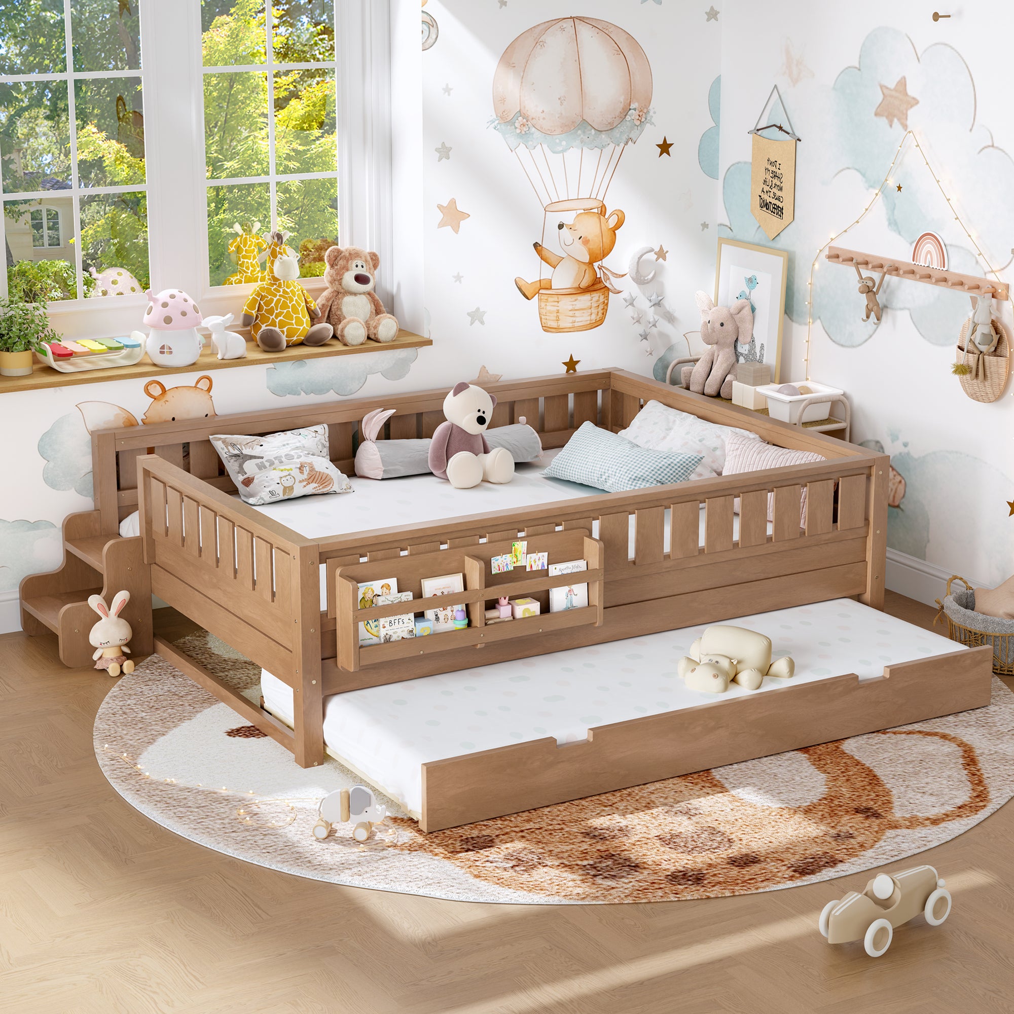 Queen with built-in bookshelves and small staircase, high-quality safety rails, and Trundle,Natural