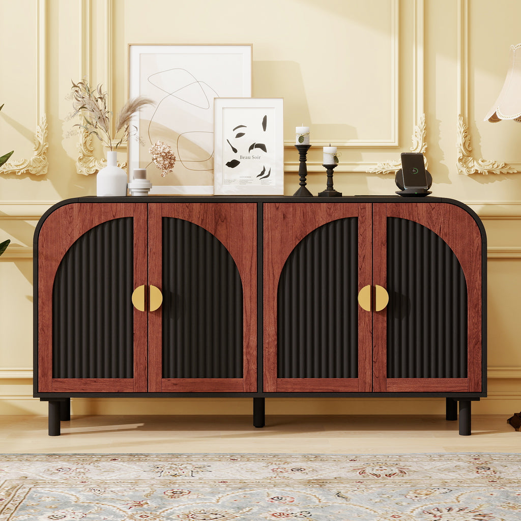 Vintage Arched Sideboard Cabinet with Gold Half-Moon Handle, MDF Storage Cabinet with Adjustable Shelves & Solid Wood Center Leg, 4-Door Buffet Cabinet for Dining Room, Entryway, Living Room