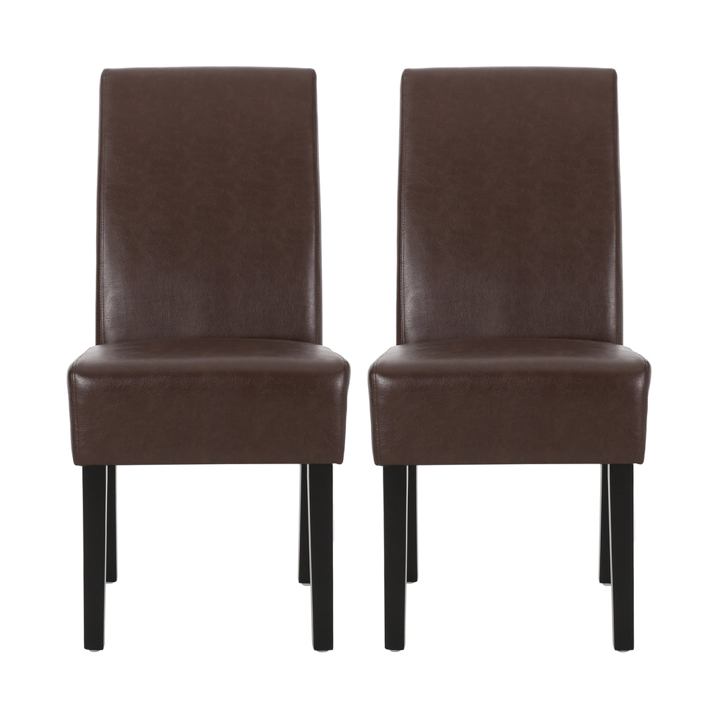 Contemporary Dining Chair Set of 2 with Upholstery and Rubberwood Legs in Dark Brown PU