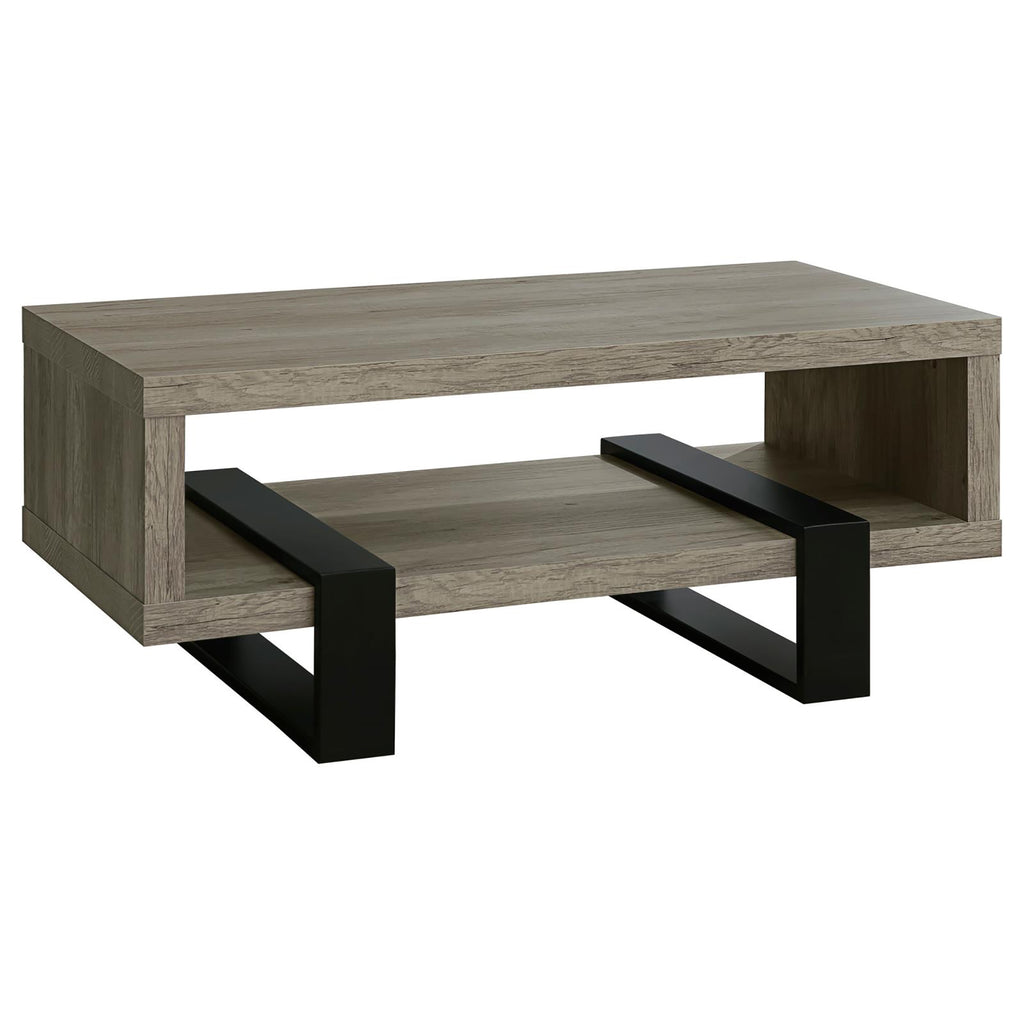 Grey Driftwood 1-Shelf Coffee Table with Modern Industrial Design, Wood and Metal Construction, Black Accents, 47.25 x 23.5 x 19.25 inches