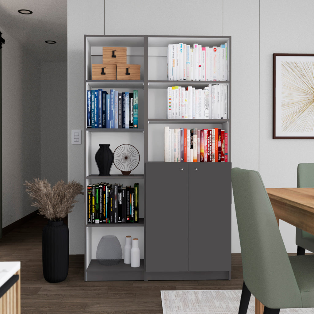 Micco 2 Piece 2 Piece Home Bookcase set, 42' Wide  with 8 Shelves and Double Door Cabinet, Living Room Set Matte Gray - White