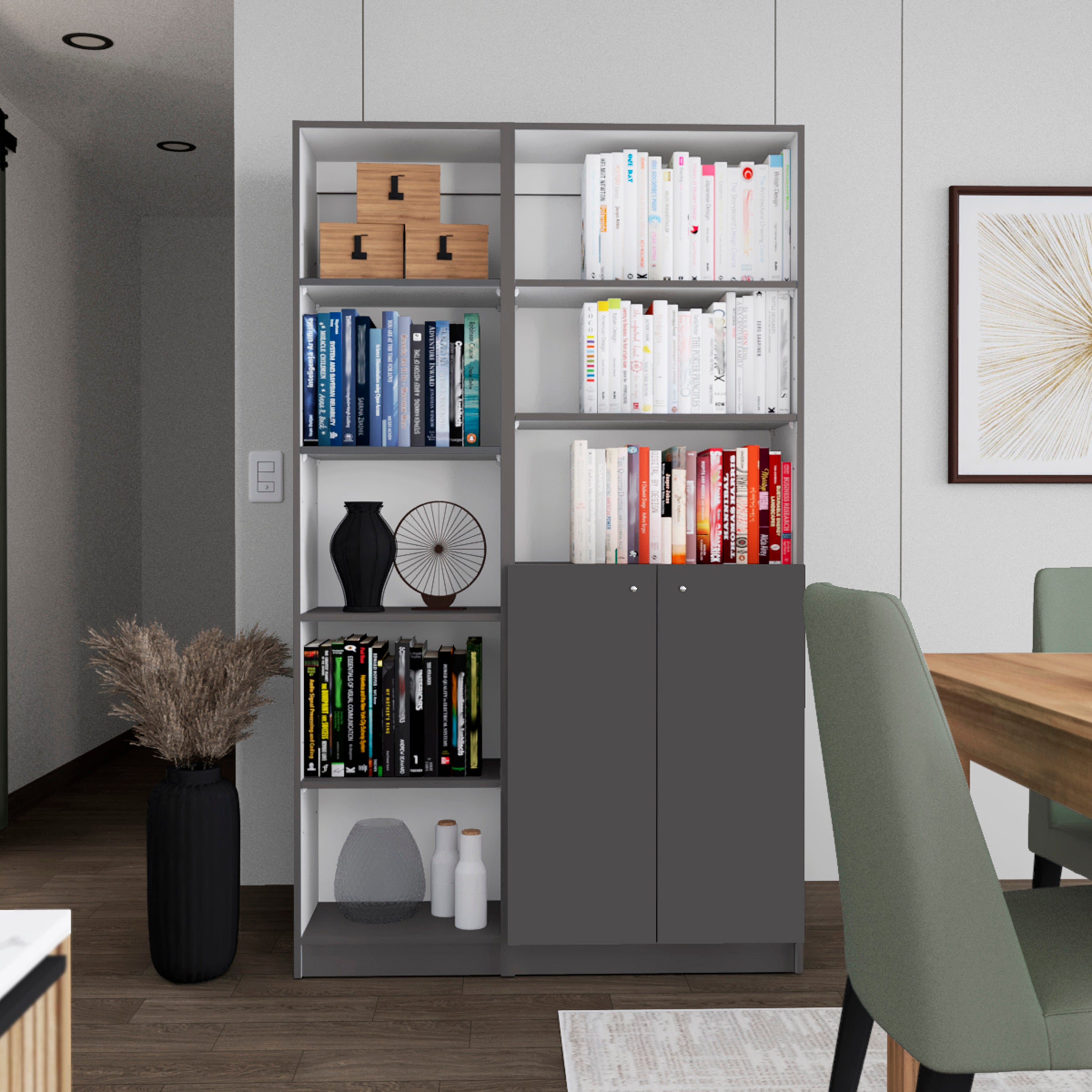 Micco 2 Piece 2 Piece Home Bookcase set, 42' Wide  with 8 Shelves and Double Door Cabinet, Living Room Set Matte Gray - White