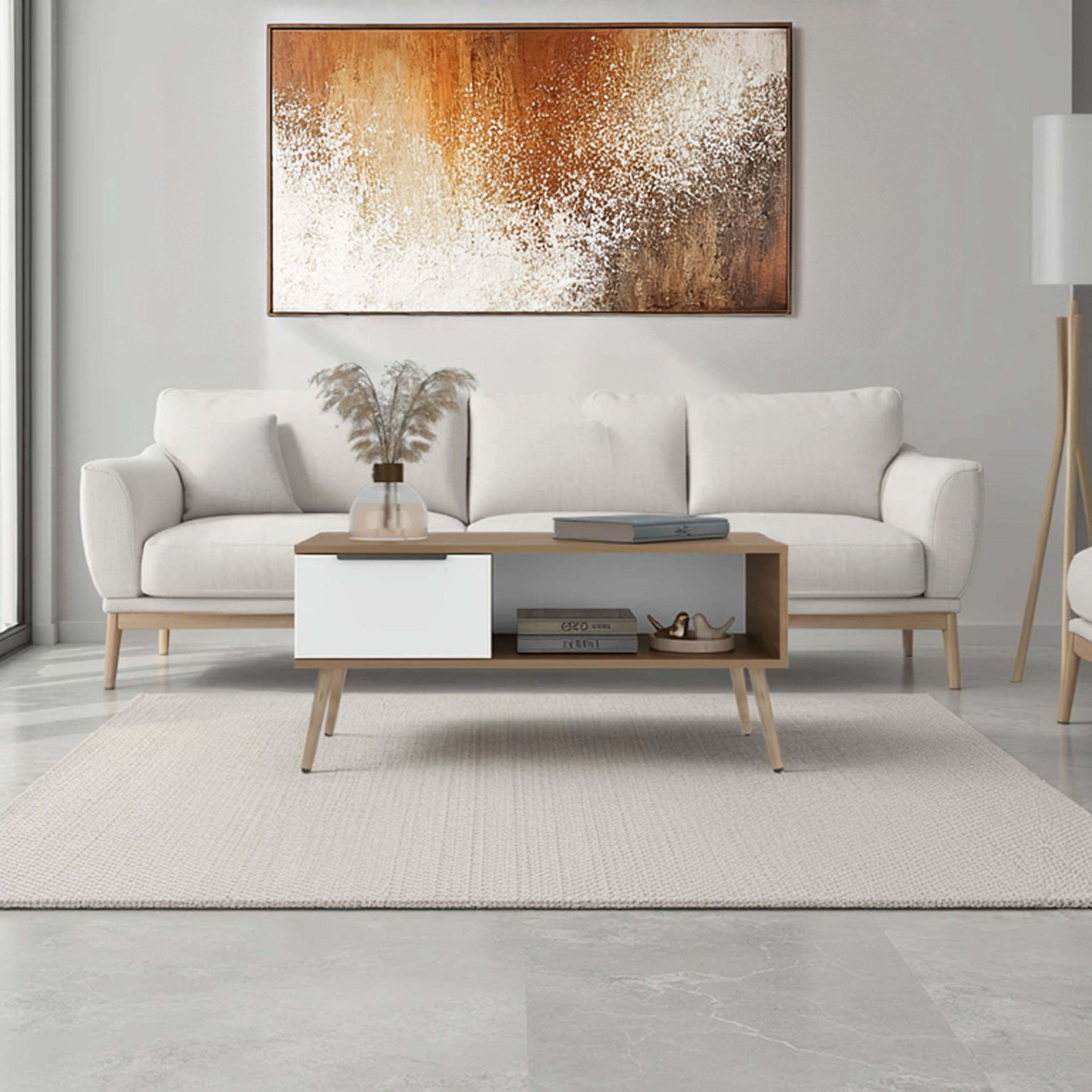 White Coffee Table with Storage Drawer and Open Shelf