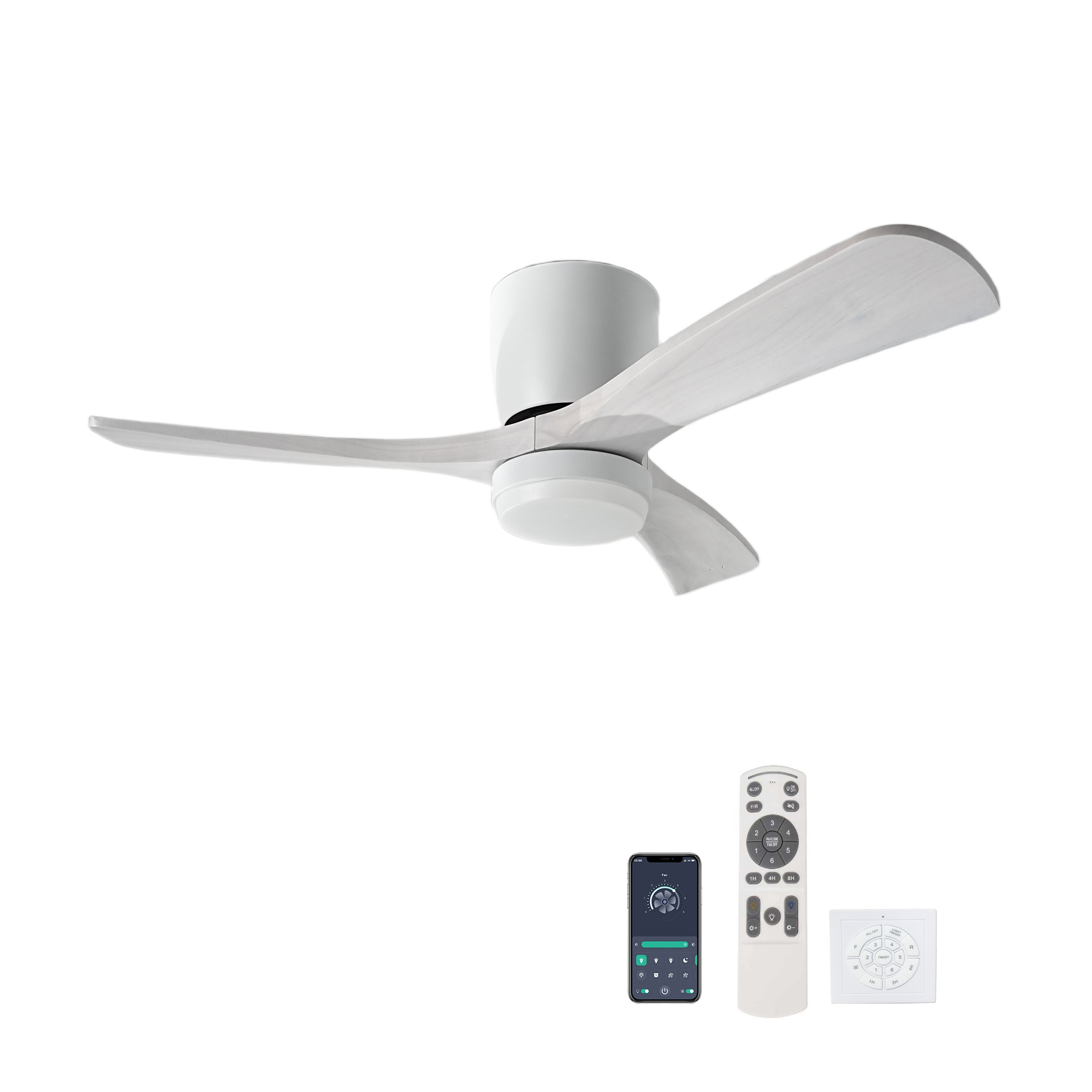 42' Solid Wood Ceiling Fan with Light-Flush Mount, Dc Motor ( Pale White Washed Walnut)