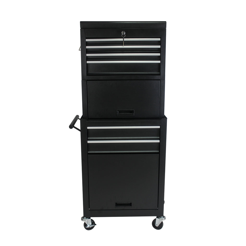 6-Drawer Lockable Tool Cabinet on Wheels – Black Steel Rolling Tool Chest with Detachable Toolbox – 2-in-1 Garage Workshop Storage Organizer with 4 Universal Casters