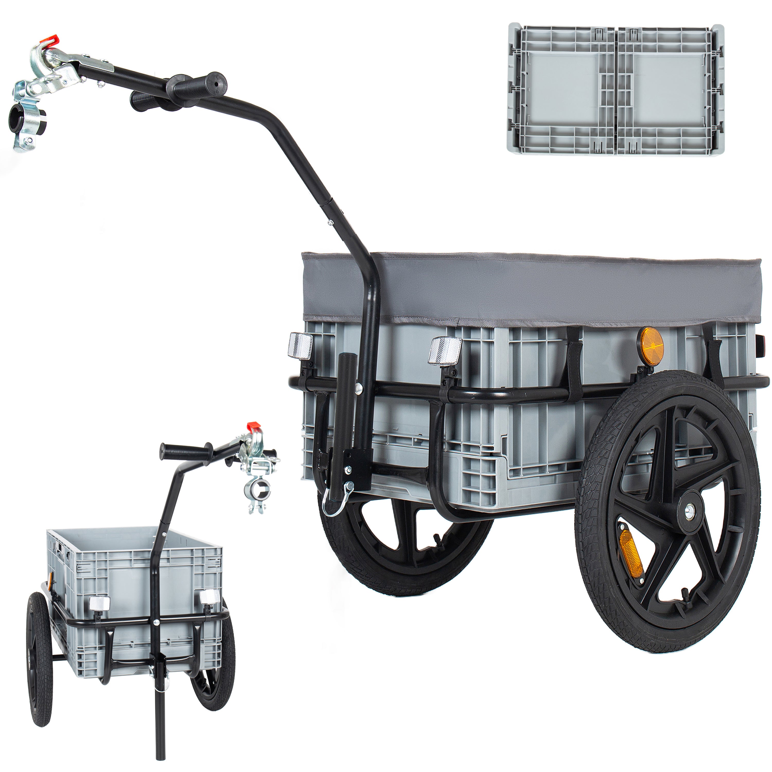 2-in-1 Bike Cargo Trailer with Foldable Storage Box, Removable & Waterproof Cover, Bicycle Trailer w/Quick Release 16' Wheels, 70L Large Capacity, Black+Gray