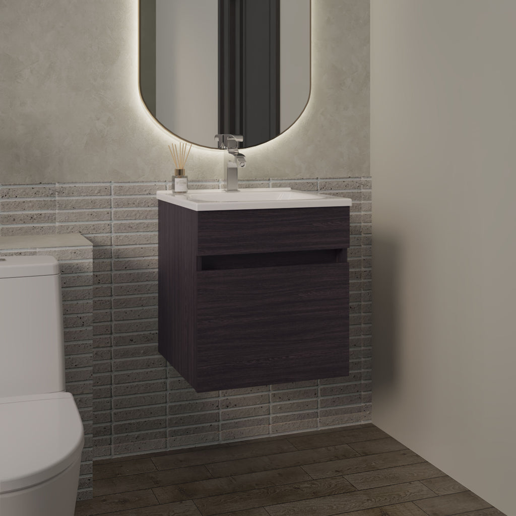 Primavera 18' Wide Floating Bathroom Vanity, With One Cabinet And Two Shelves, Black