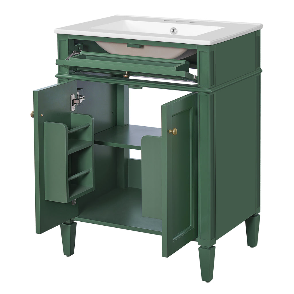 Modern Green Bathroom Vanity with 2 Doors and Tip-Out Drawer, Ceramic Sink Storage Cabinet, Soft-Closing Hinges, Solid Wood Frame, 24'