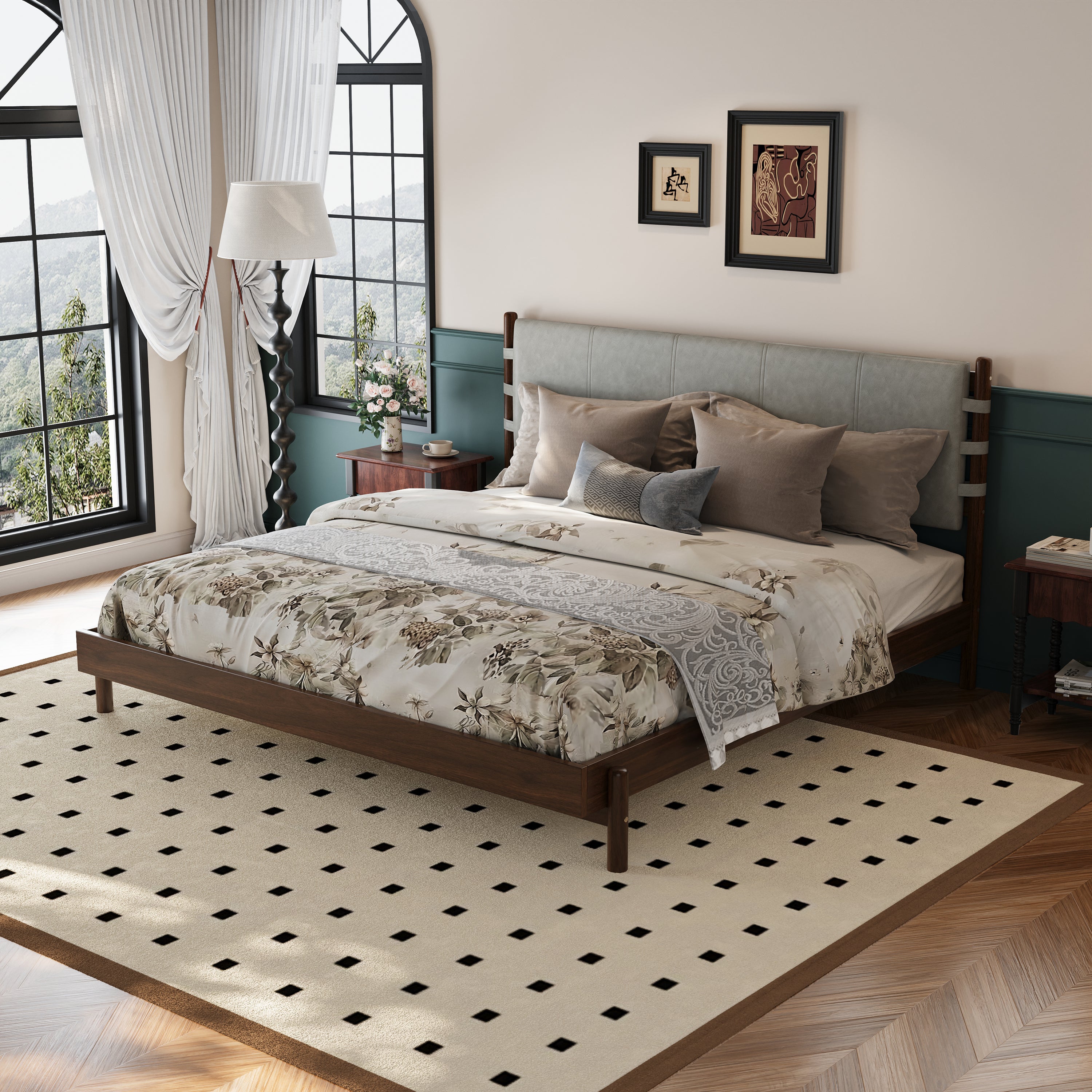 Premium Rubber Wood Platform Bed Frame, King Bed Frame with Headboard Included, Mid Century Modern Bed With Walnut+Light Grey Color