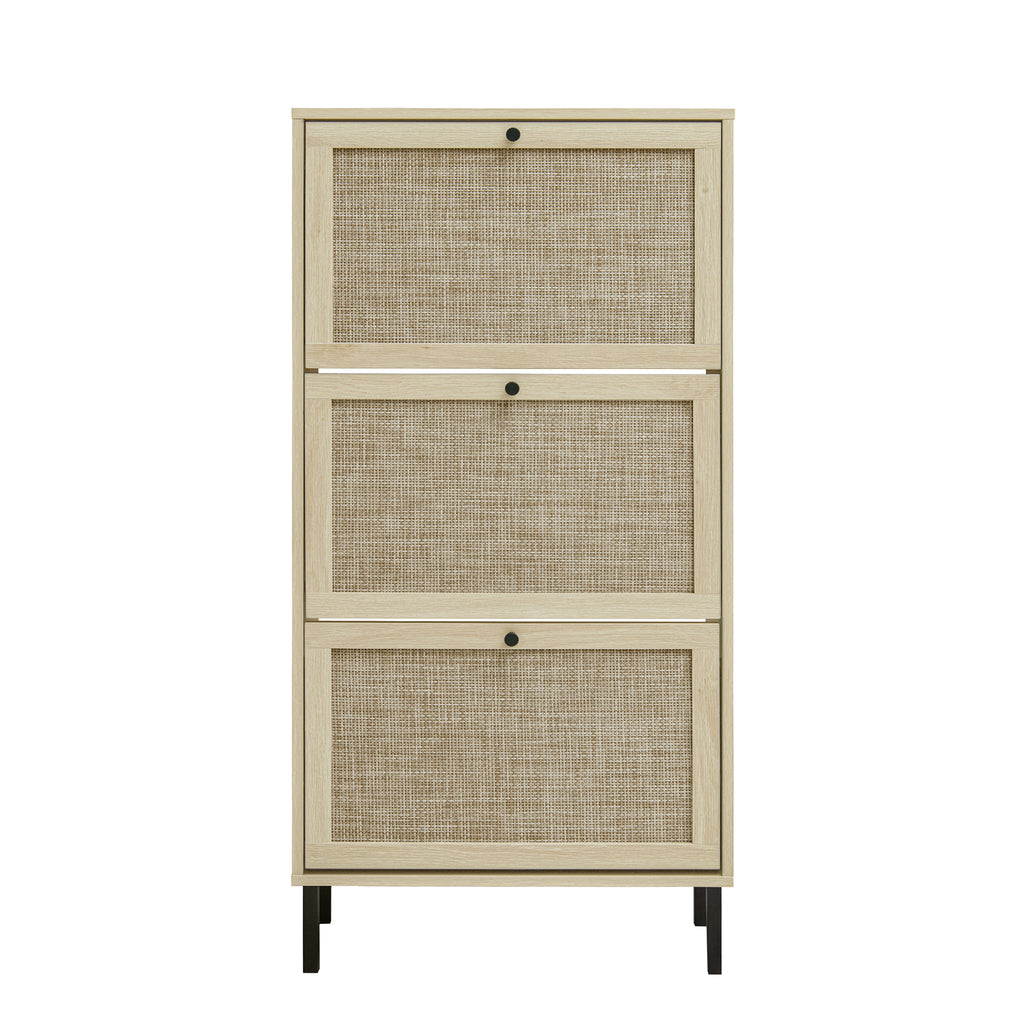 Modern Freestanding Rattan 3-Door Shoe Rack Storage Cabinet for Entryway, Natural Particle Board