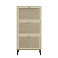 Modern Freestanding Rattan 3-Door Shoe Rack Storage Cabinet for Entryway, Natural Particle Board