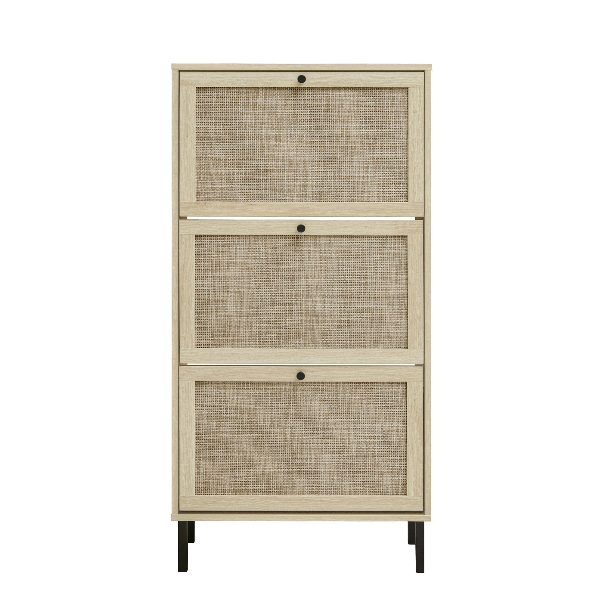 Modern Freestanding Rattan 3-Door Shoe Rack Storage Cabinet for Entryway, Natural Particle Board