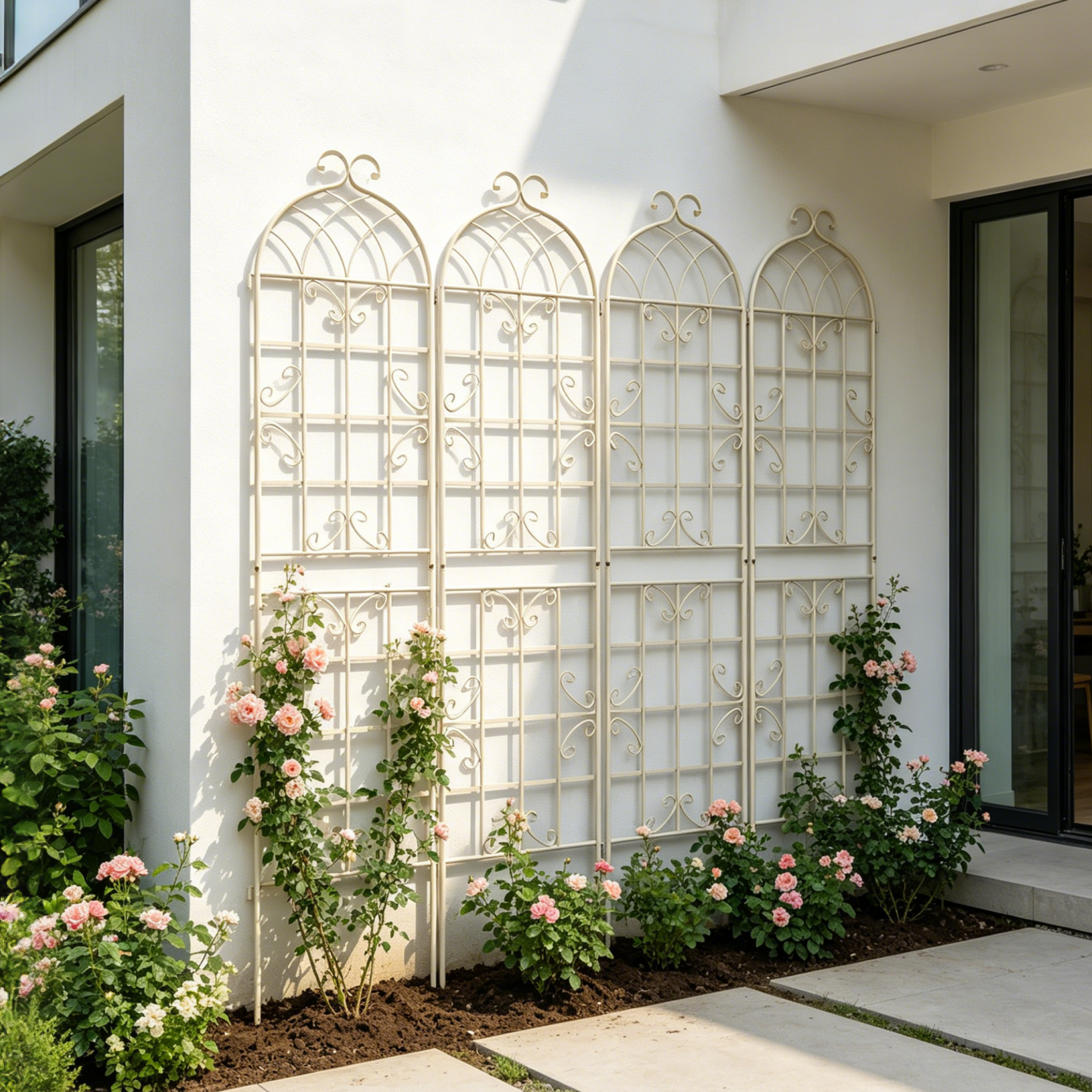 4 Pack Metal Garden Trellis 86.7' x 19.7' Rustproof Trellis for Climbing Plants Outdoor Flower Support Cream White