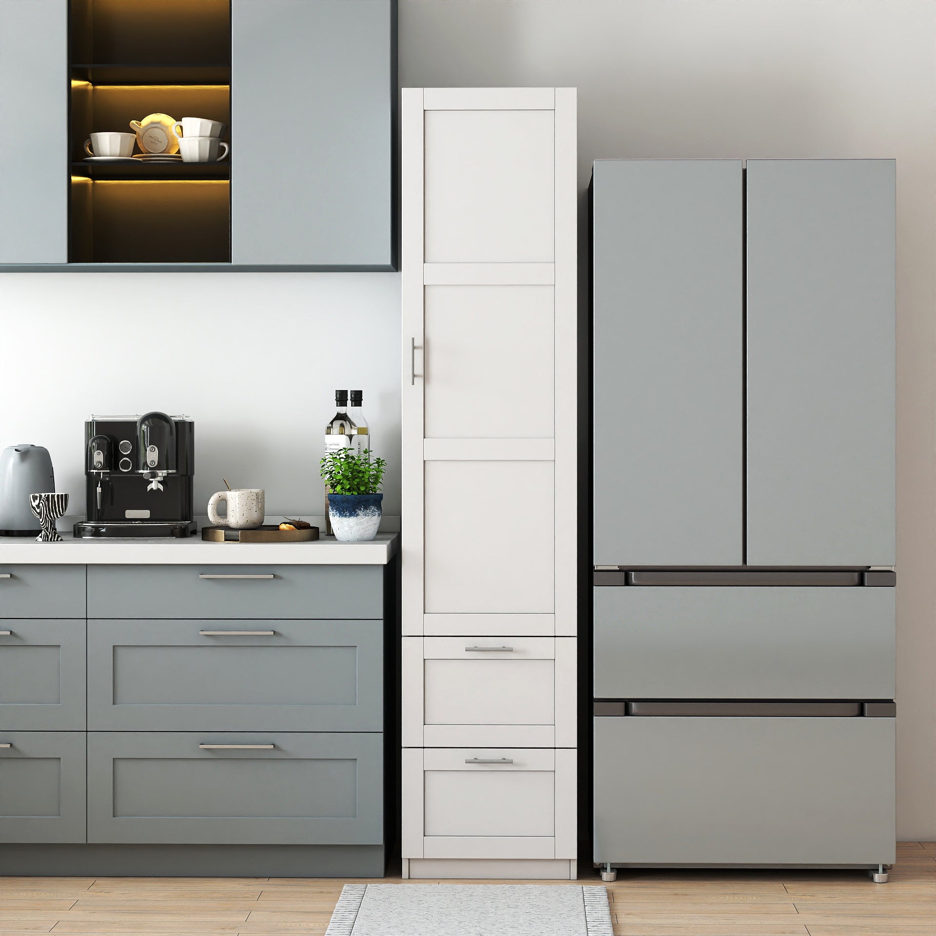 Standard kitchen Pantry,Tall Cabinet,Freestanding Cabinet with  one door  and two drawers for Kitchen, Dining Room, White