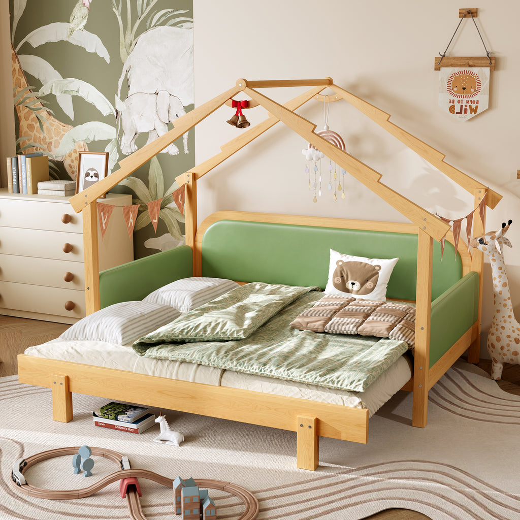 Twin Size Wood Treehouse bed with Soft Cushion Rails,for Kids, Teens, Girls, Boys,Green