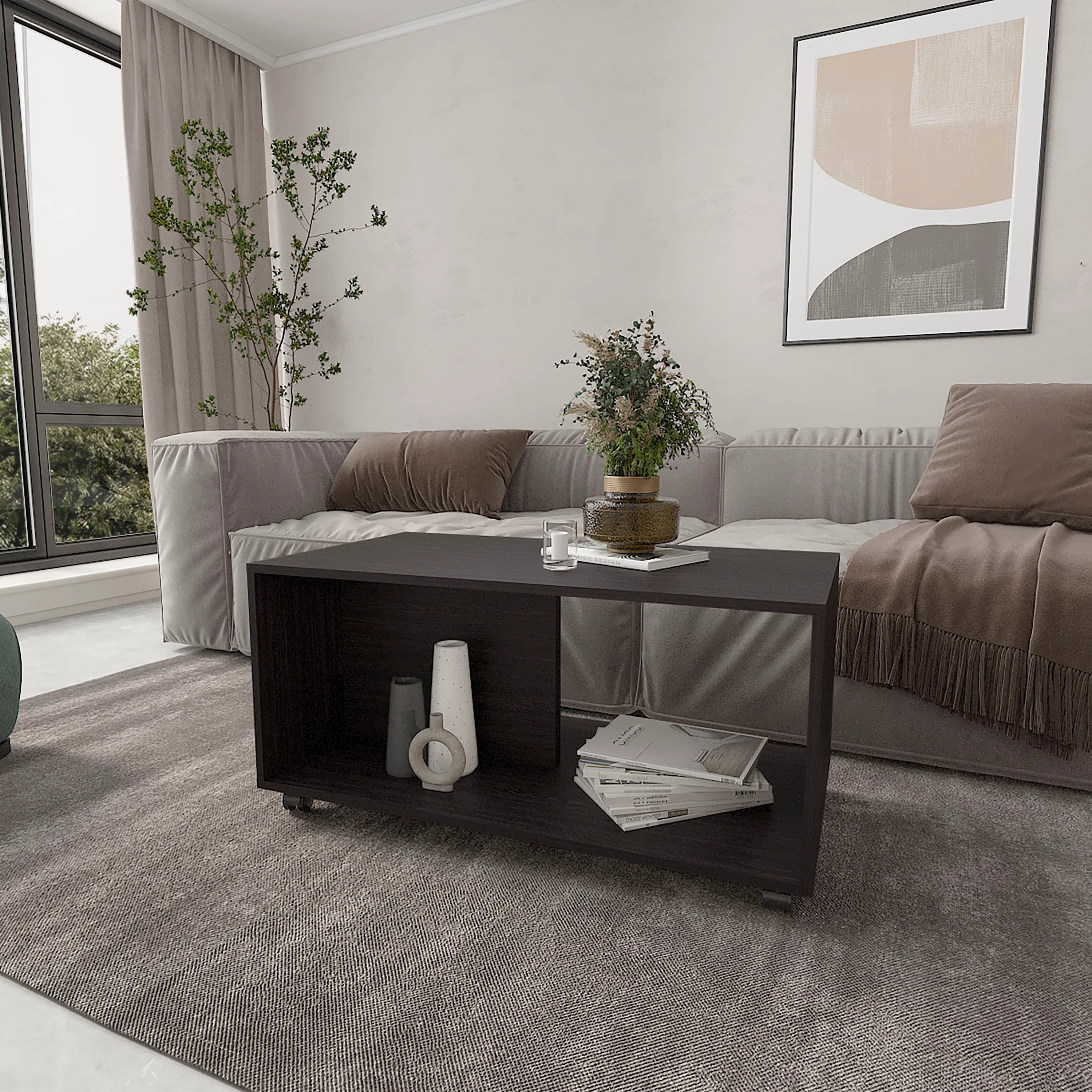 Wengue Coffee Table with Open Storage and Caster Wheels
