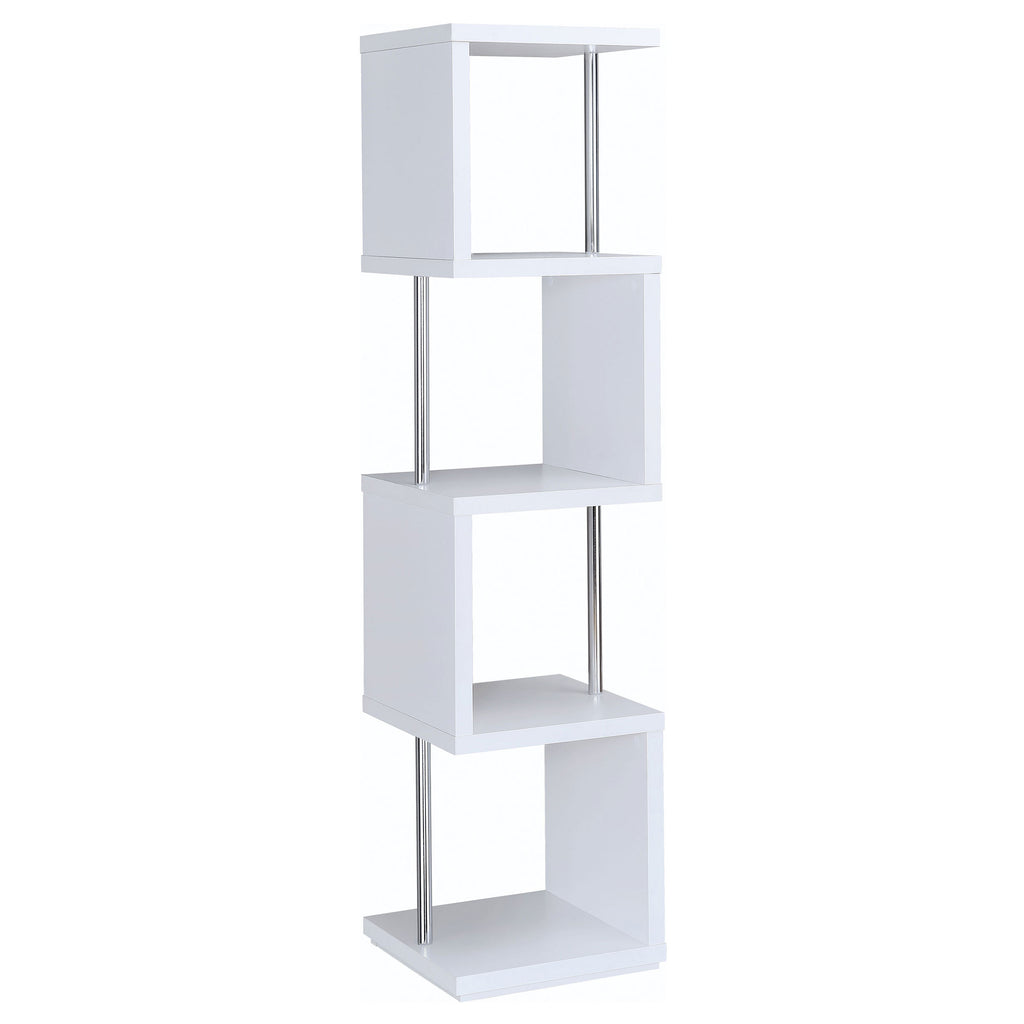 White and Chrome 4-tier Bookcase with Metal Accents, Engineered Veneer and MDF Construction, 66.5H x 15.5W x 15.5D