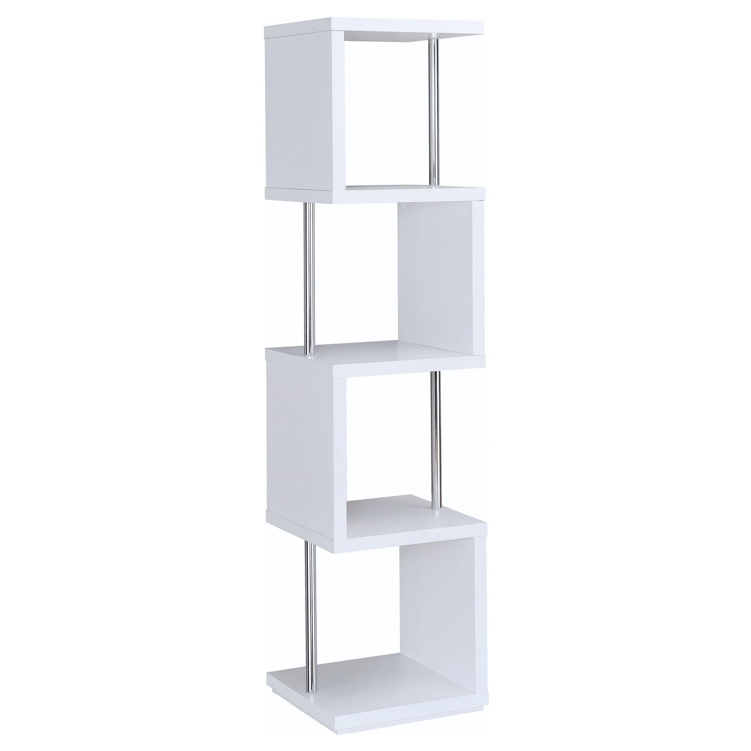 White and Chrome 4-tier Bookcase with Metal Accents, Engineered Veneer and MDF Construction, 66.5H x 15.5W x 15.5D