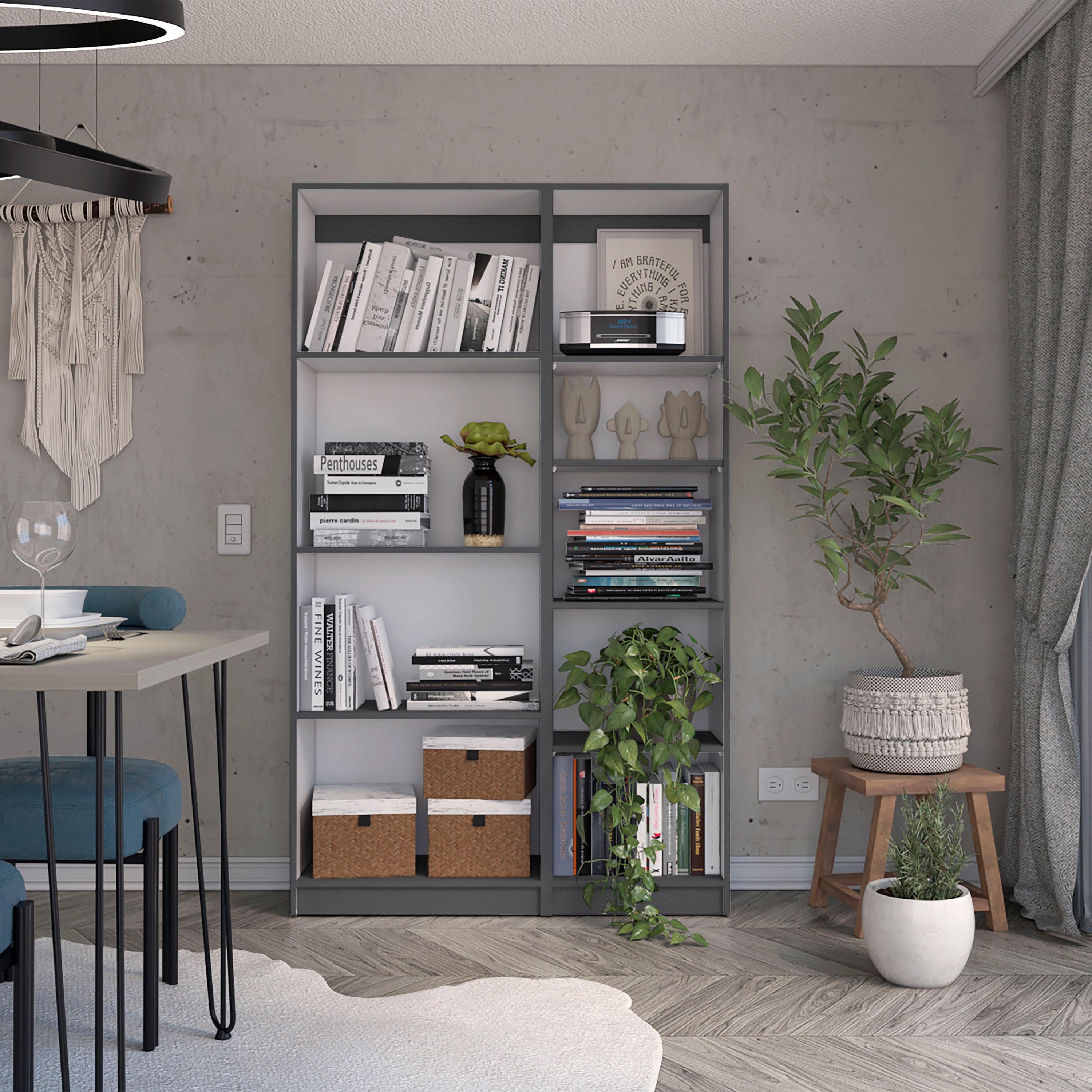 2 Piece Bookcase Living Room Set,  Storage Cabinet, 42' Wide and 9 Shelves Matt Gray / White